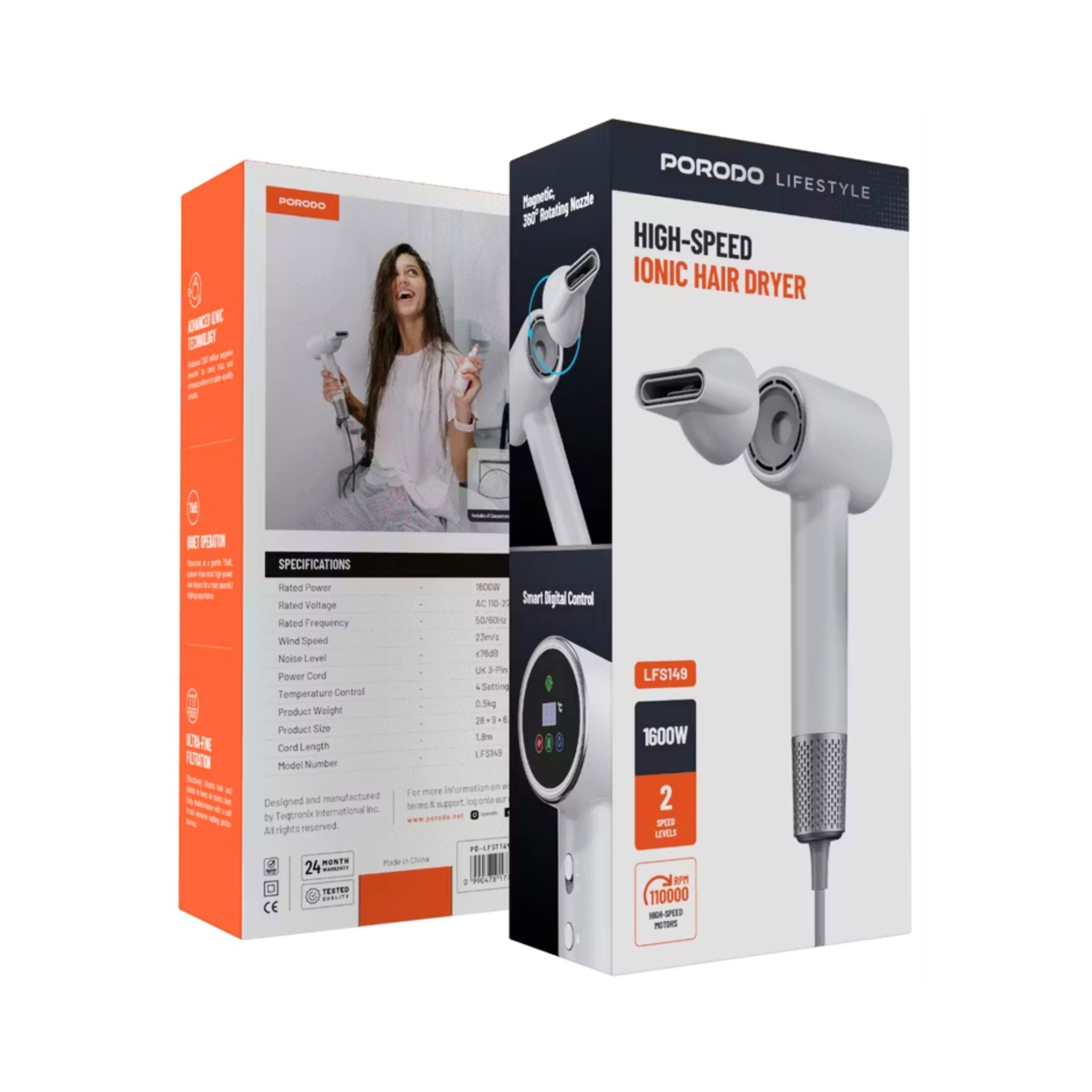 Porodo Lifestyle High-Speed Ionic Hair Dryer with Magnetic and 360° Rotating Nozzle, 1600W Power, 2 Speed Levels, 3-Pin UK Plug, 1.8m Cord Length, Quiet Operation - White