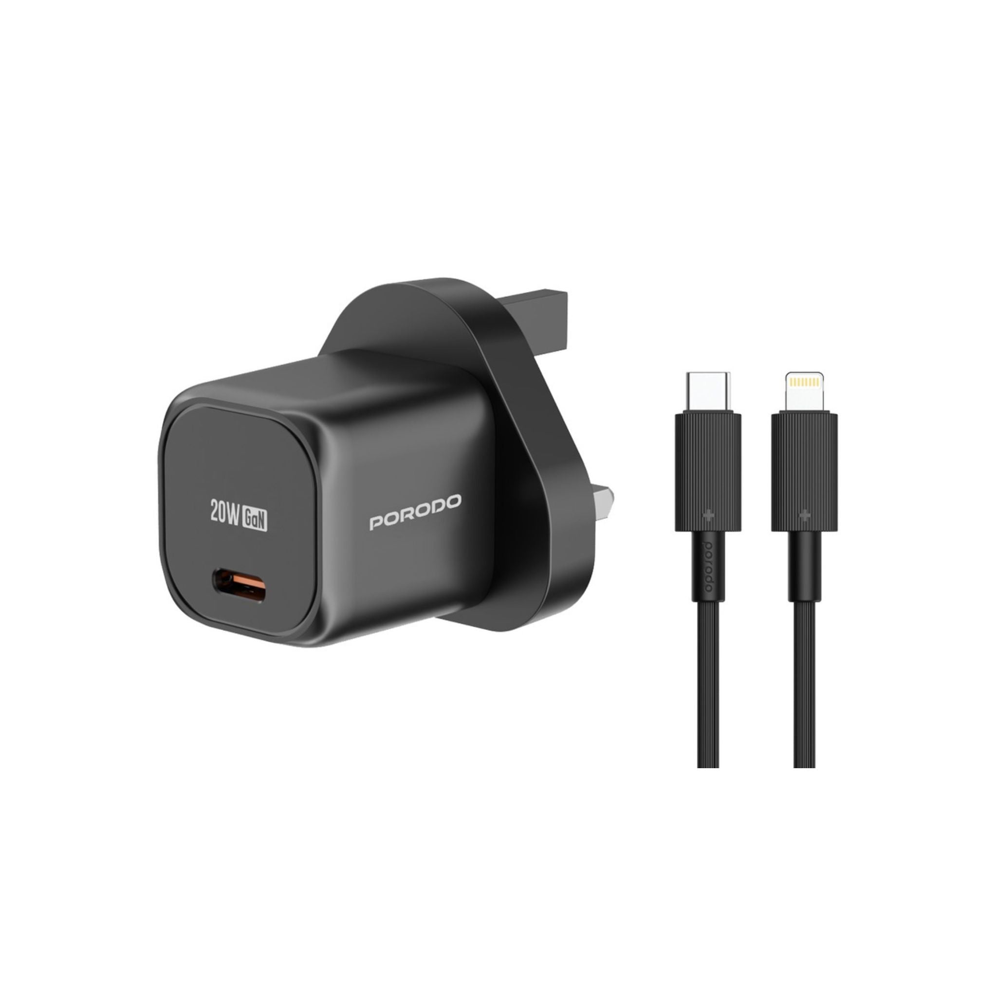 A black Porodo PD 20W UK fast charger with a Lightning cable and a USB-C cable.