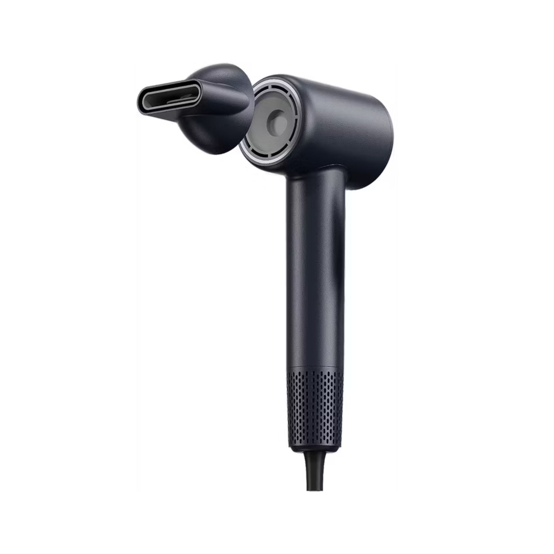 Black handheld hair dryer on a white background