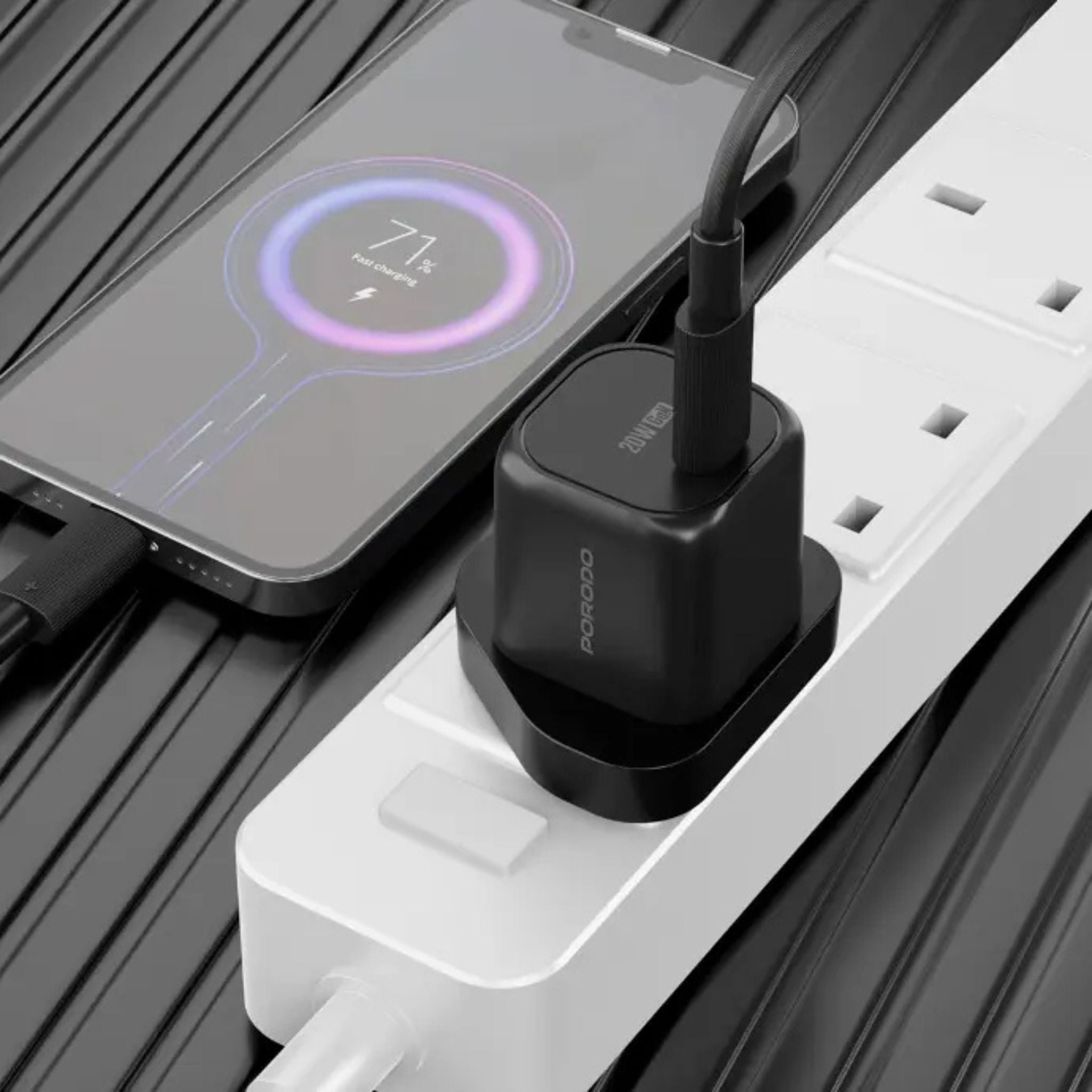 Porodo PD 20W UK Fast Charger with USB-C to USB-C Cable, 20W Power Output, Over-Heat Protection, Reliable Companion - Black