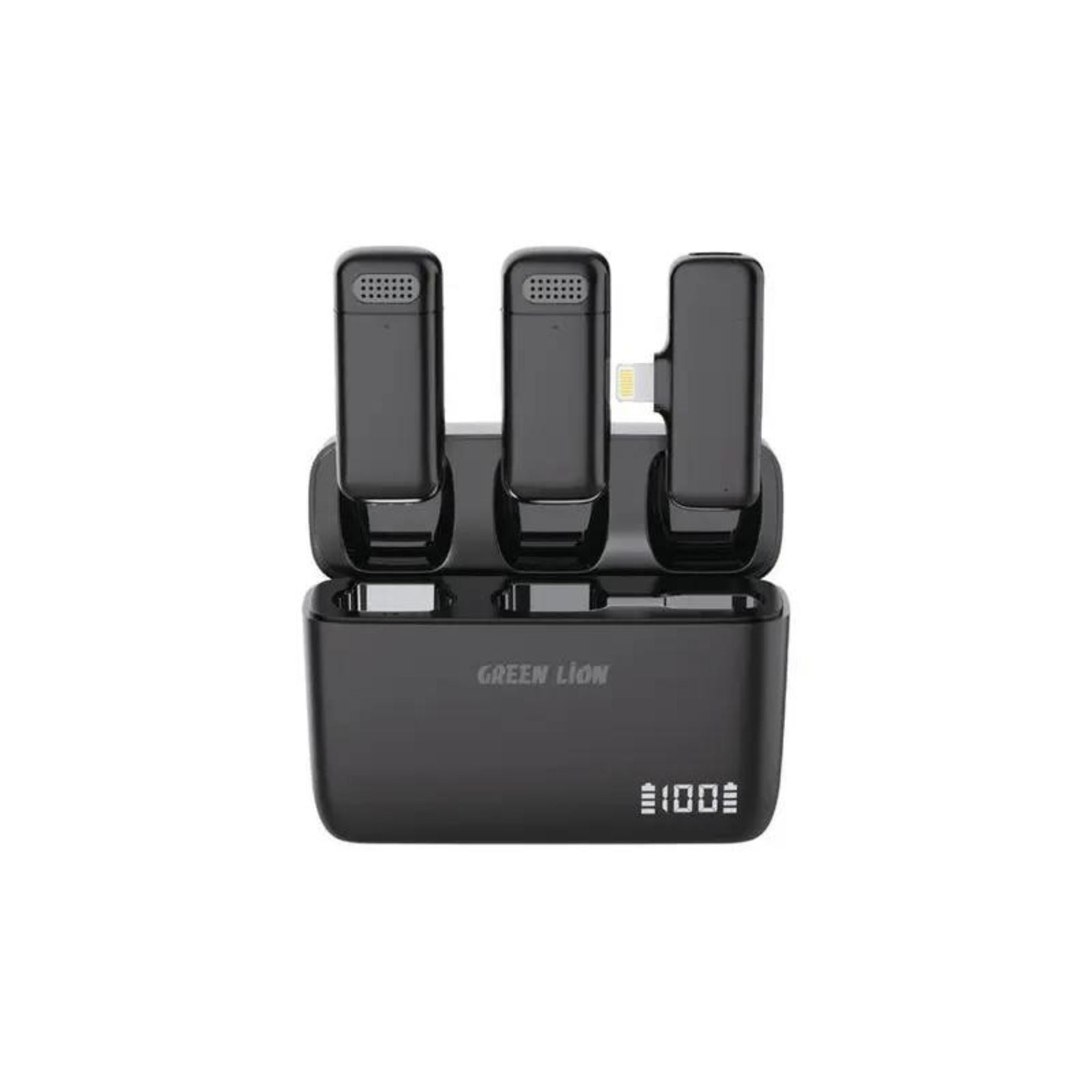 A wireless microphone set in black color, with the Green Lion brand visible on the charging case.