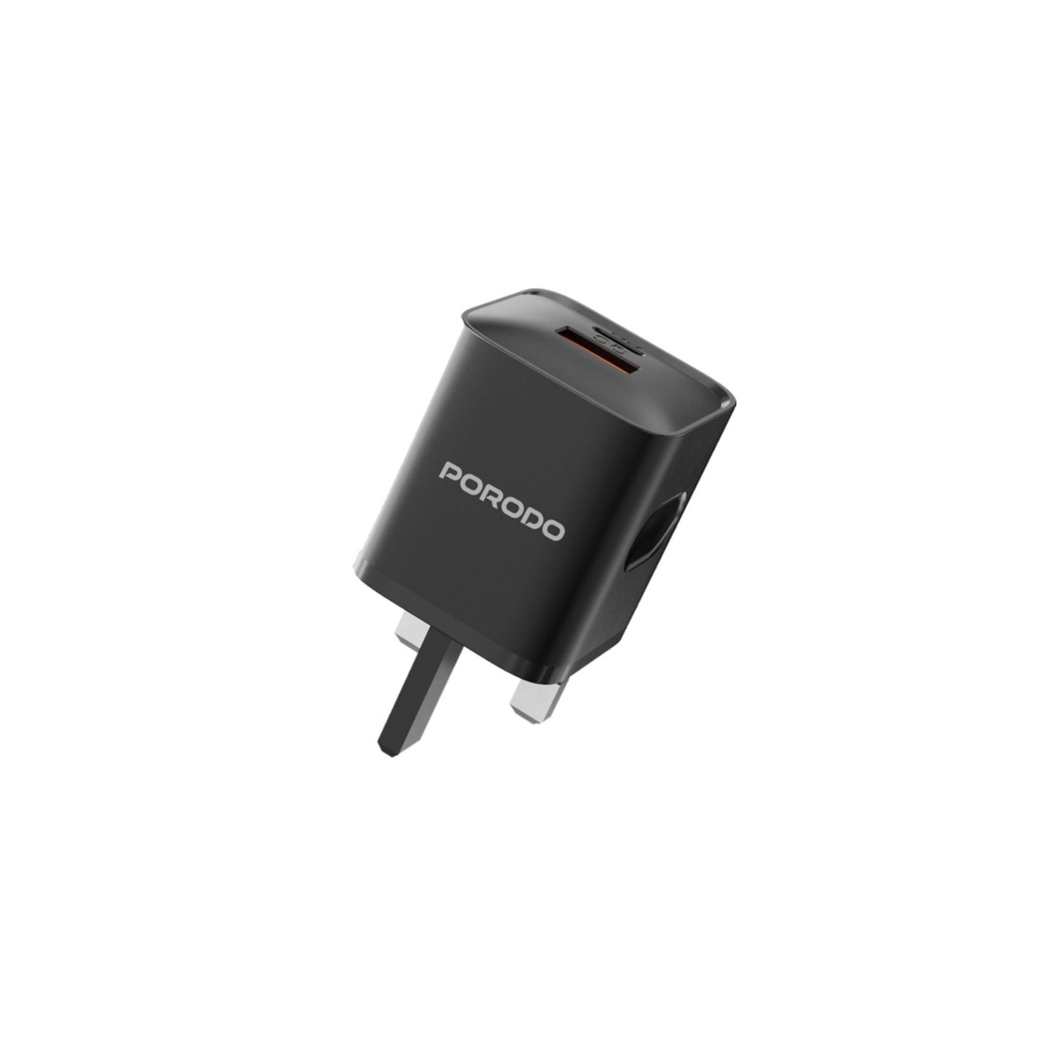 A black Porodo dual port wall charger with a Type-C to C cable.