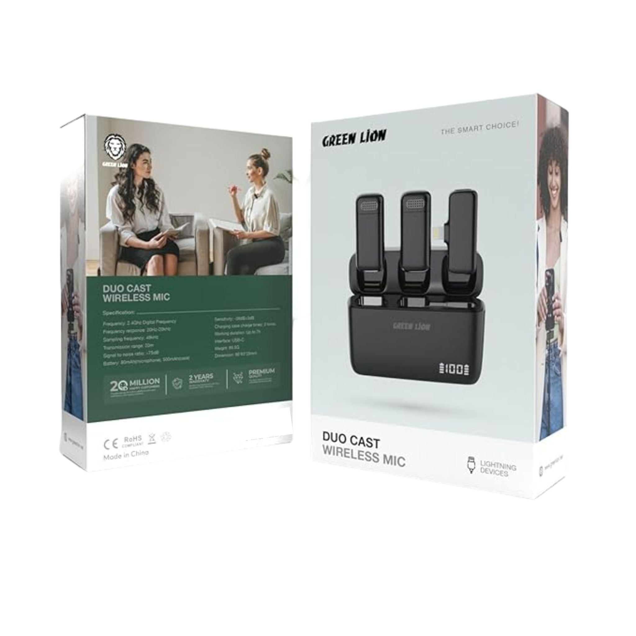 Green Lion Duo Cast Wireless Lightening Microphone with 20m Transmission Range, Automatic Pairing, USB-C Interface, Up to 7 Hours Working Duration - Black