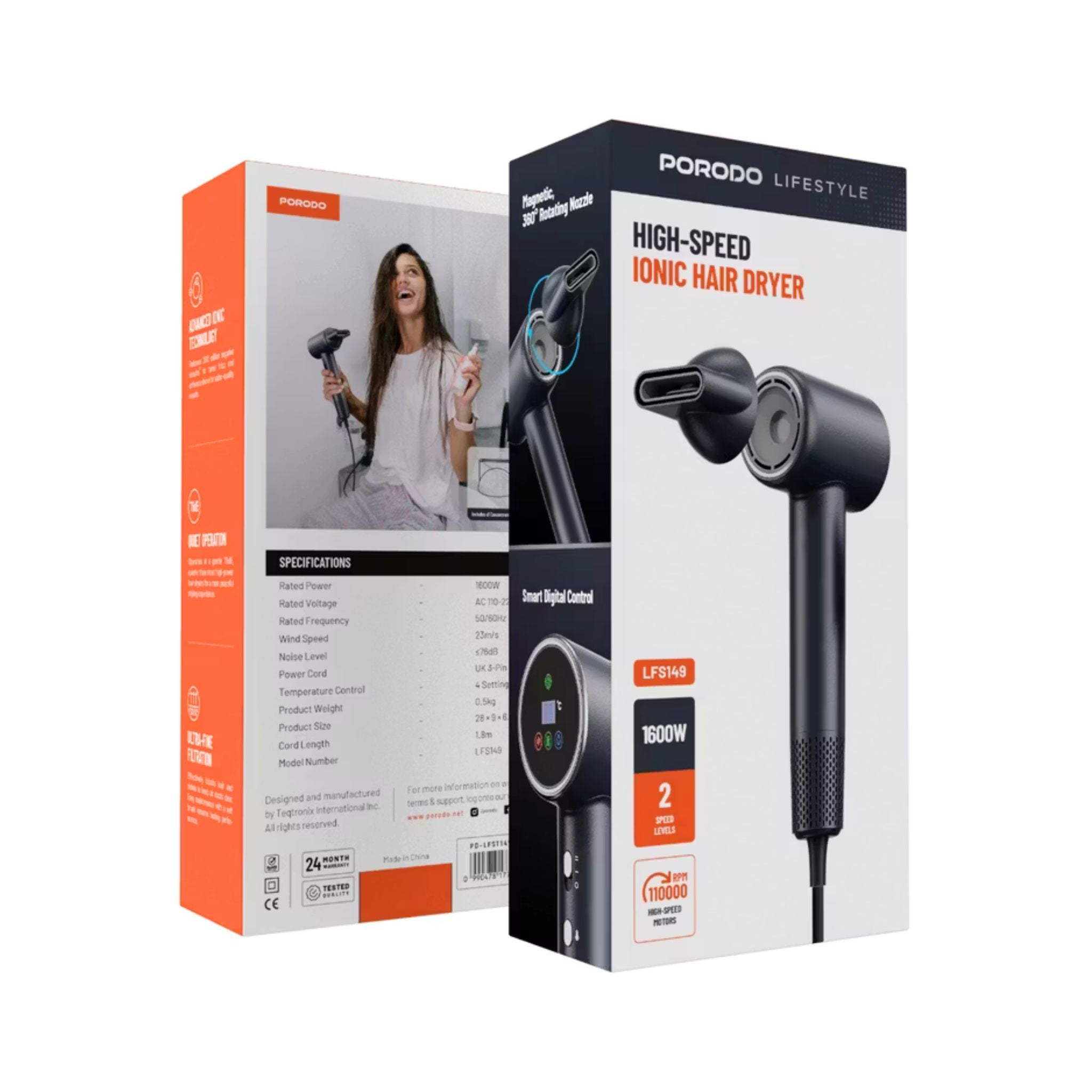 Porodo Lifestyle High-Speed Ionic Hair Dryer with Magnetic and 360° Rotating Nozzle, 1600W Power, 2 Speed Levels, 3-Pin UK Plug, 1.8m Cord Length, Quiet Operation - Black