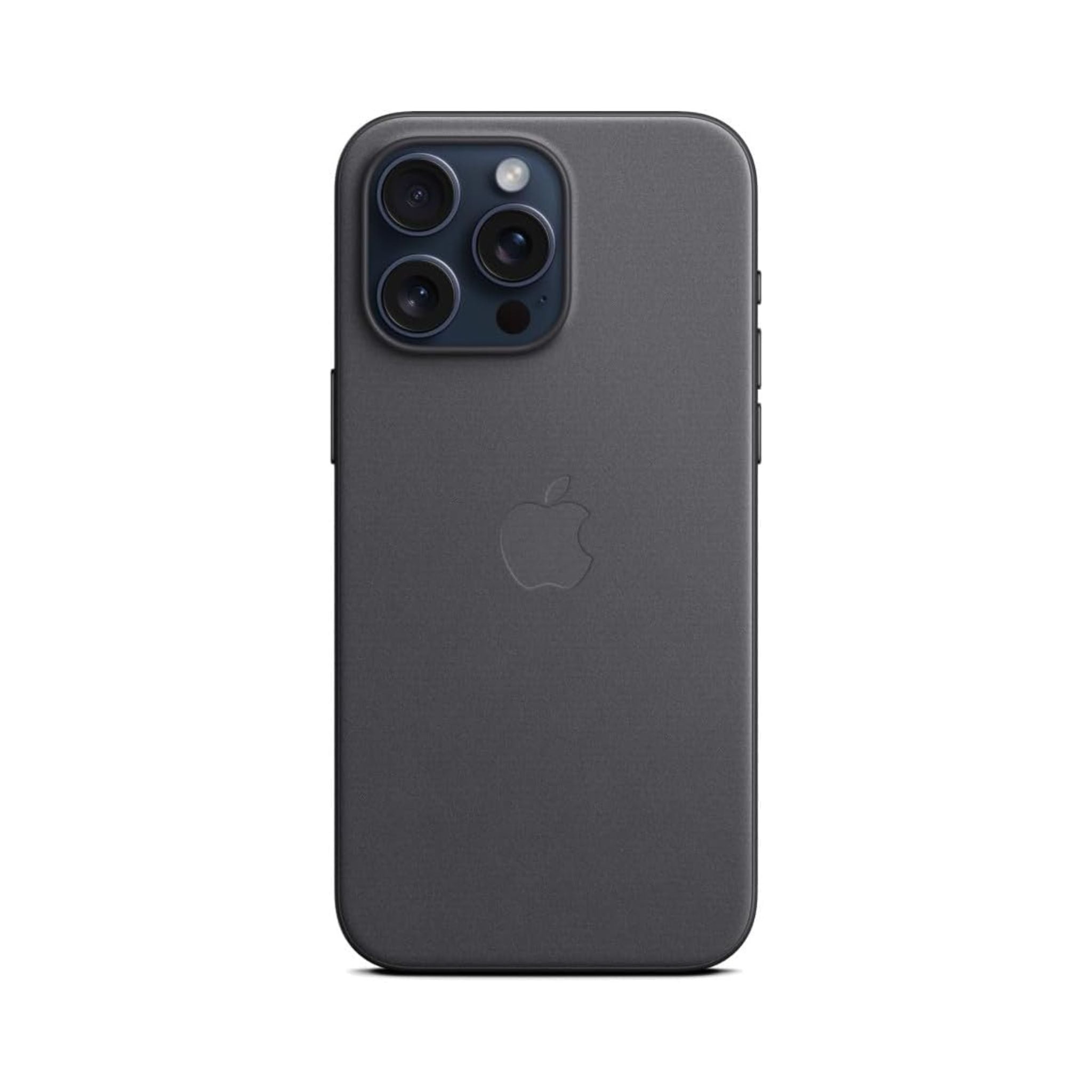 A black Apple iPhone 15 Pro Max FineWoven case with MagSafe compatibility.