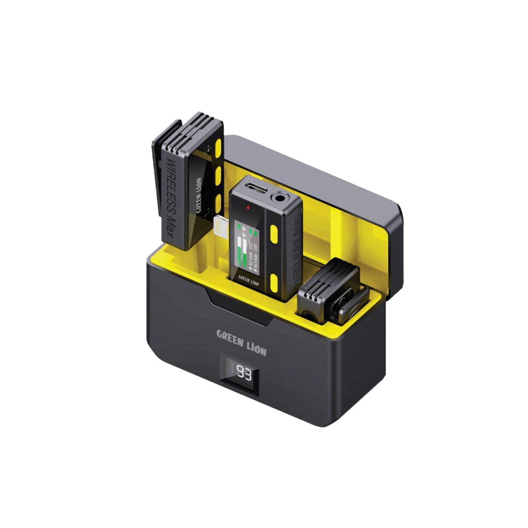 A wireless microphone with a remote control, showing the microphone mounted on a charging dock with a yellow and black color scheme.