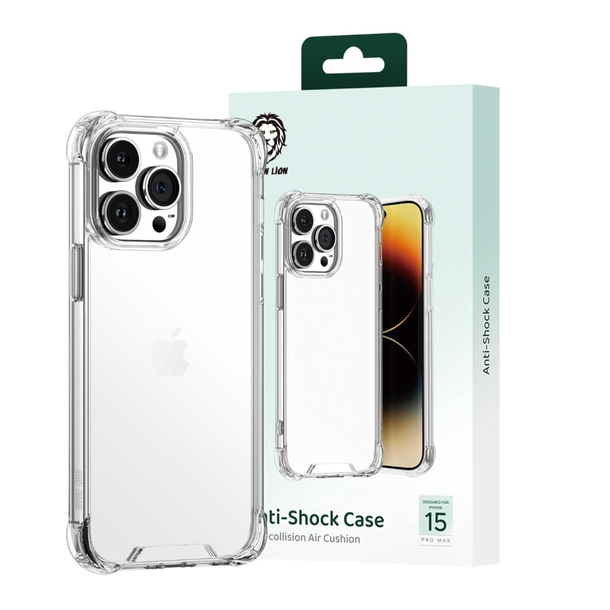 Clear anti-shock phone case with packaging on a white background