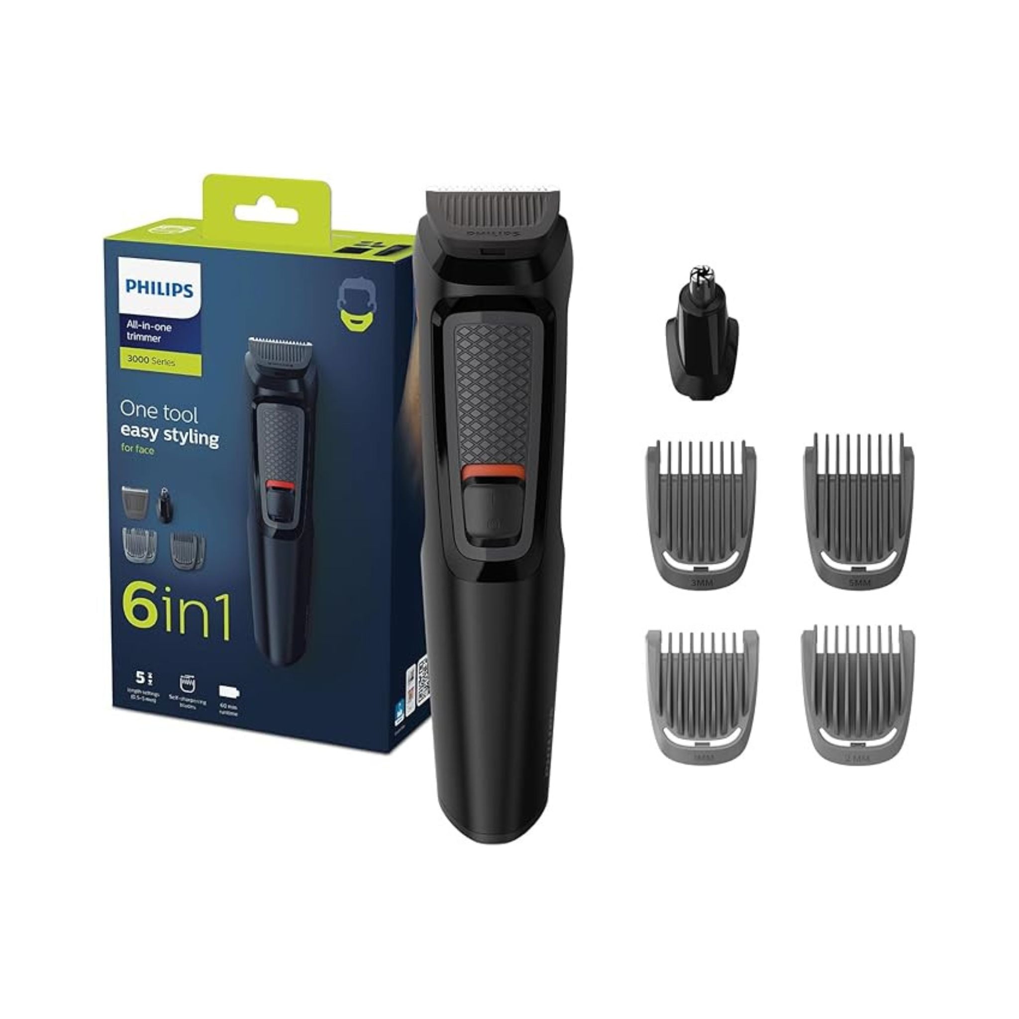 PHILIPS Multigroom Series 3000 for Face, 6-in-1 Grooming Kit for beard, moustache, nose & ear hair, cordless, 60 min runtime, 16h full charging time,Black