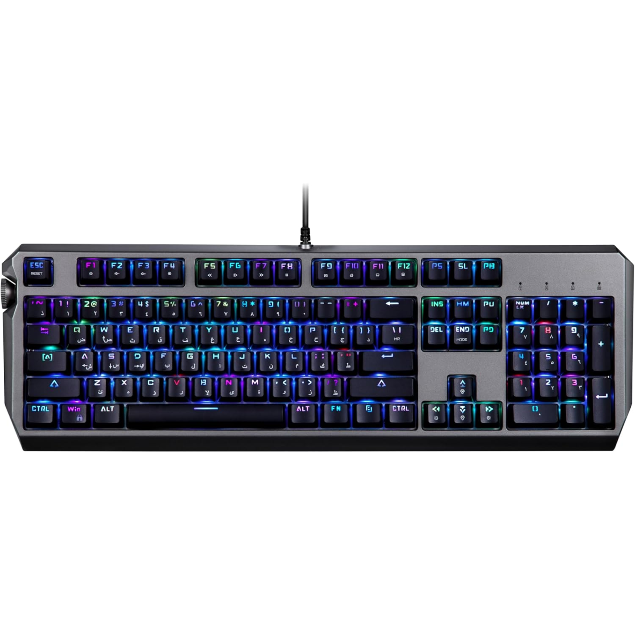 A black Porodo gaming mechanical keyboard with blue switches and multicolored backlit keys.