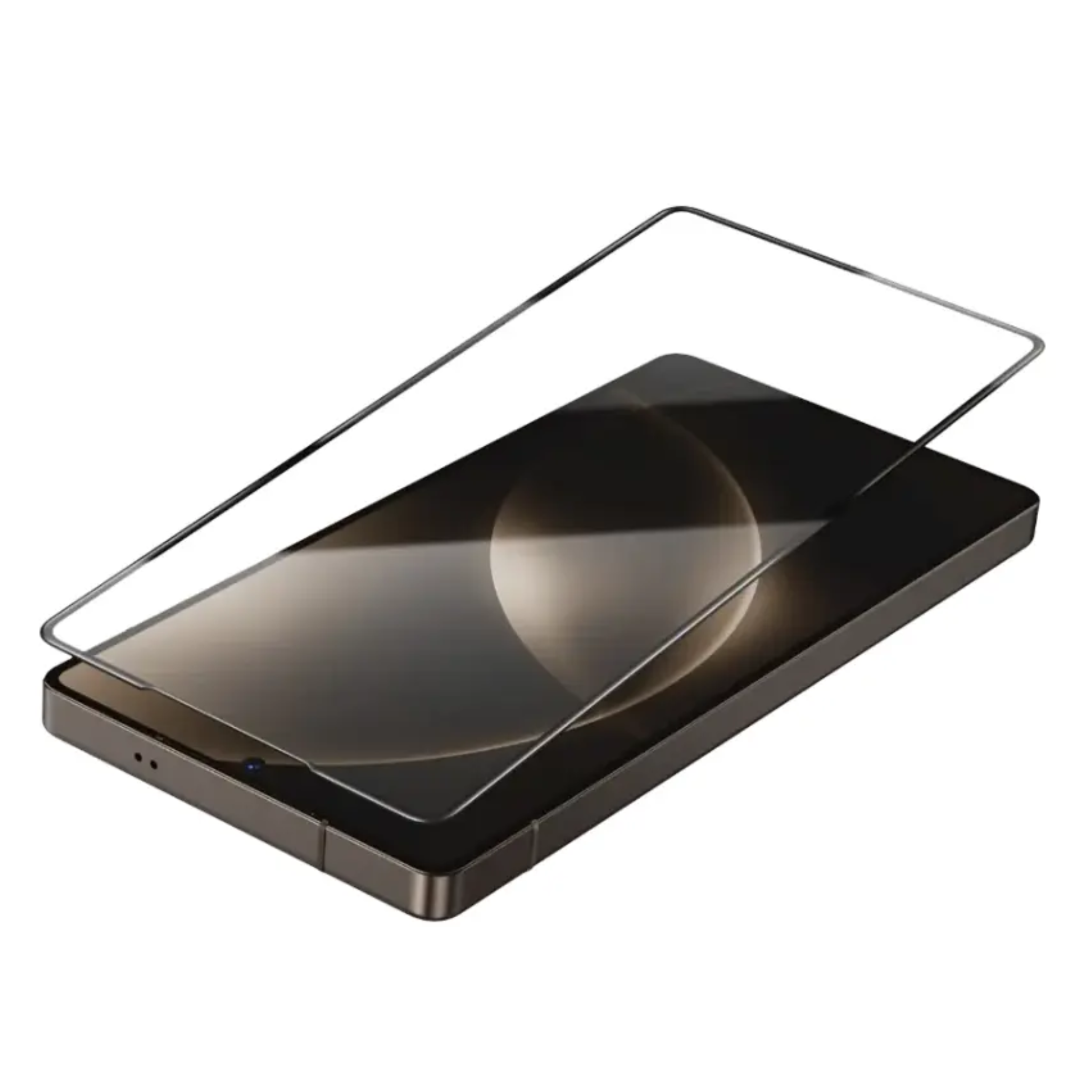 A clear glass screen protector for Samsung Galaxy S25 series, depicted on a black background.
