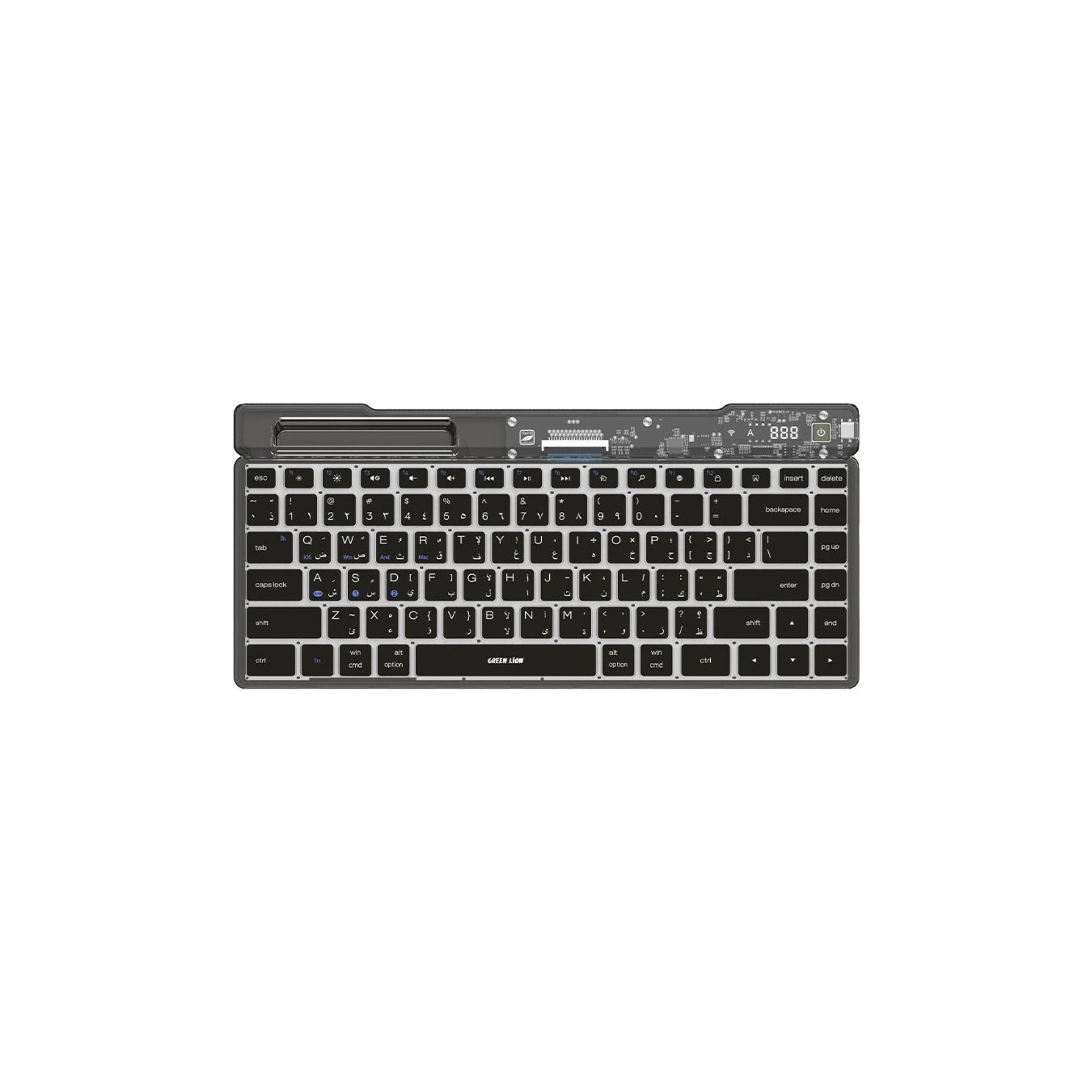 A black, full-size transparent keyboard with LED display screen and scissor foot structure.