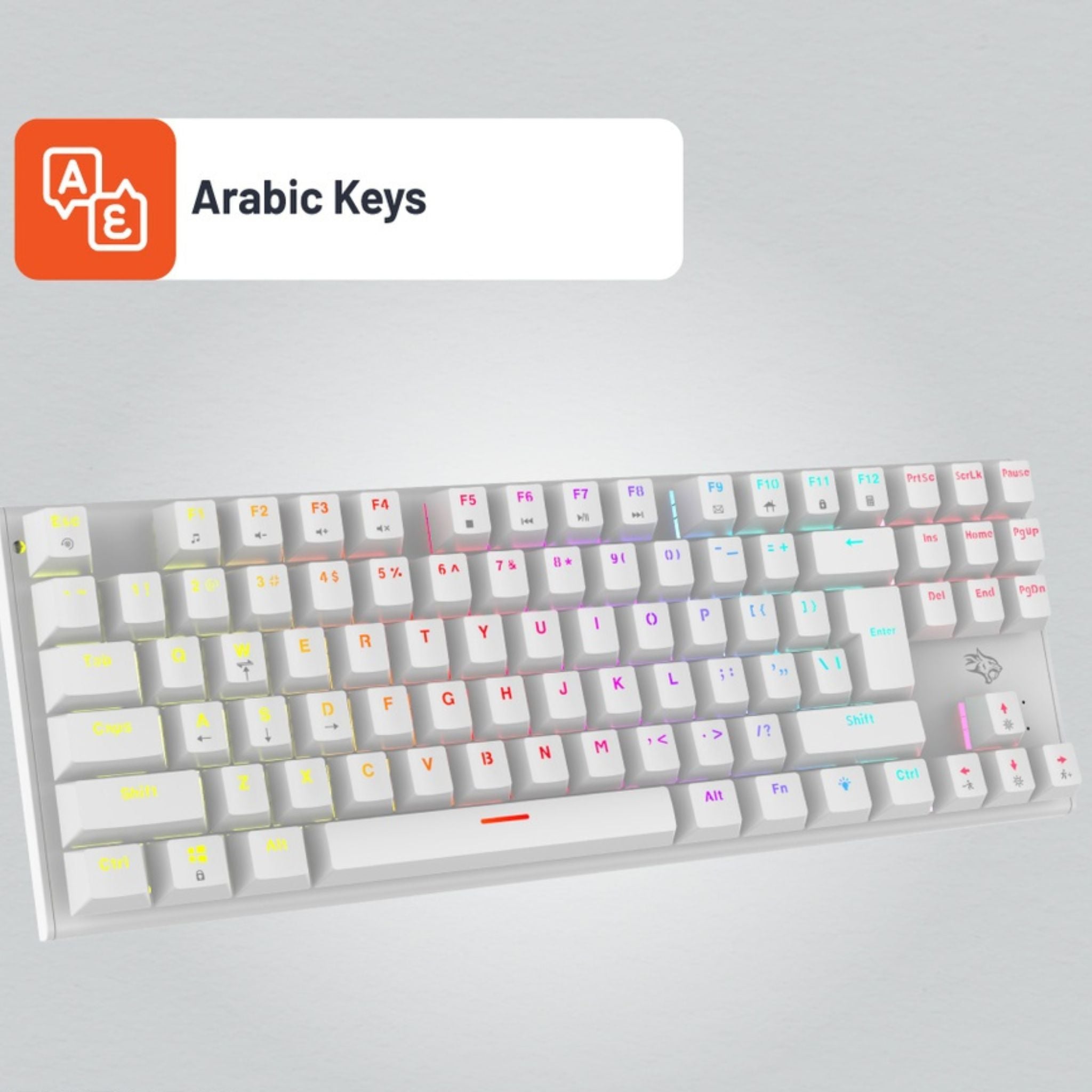 Porodo Gaming TKL Mechanical Keyboard with 12 RGB Light Modes, 25 Anti-Ghosting Keys, 50 Million Clicks Lifespan, 1.5m PVC Cable, Plug & Play, English & Arabic Keys - White
