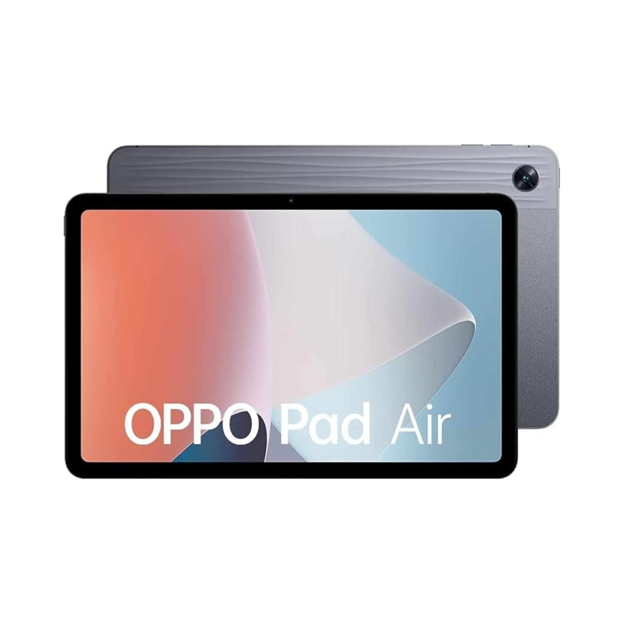 OPPO Pad Air tablet in gray color with front screen display showing the device's name and a colorful wallpaper.
