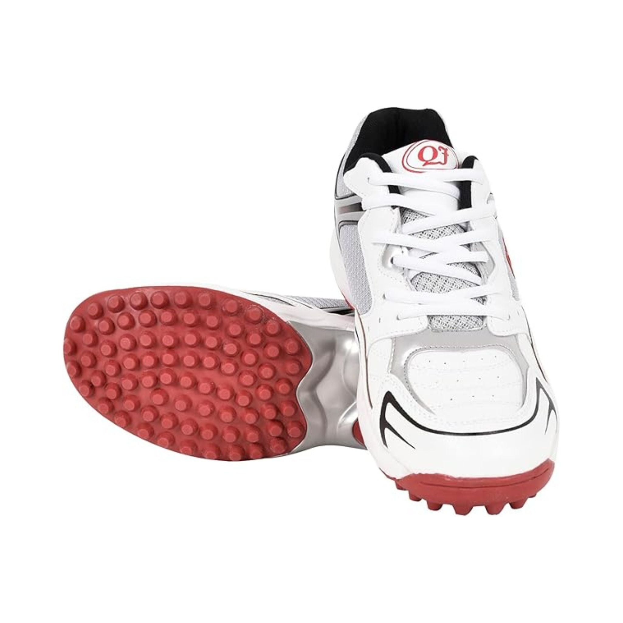 Men’s White and Red Studded Cricket Sports Shoes – Breathable Mesh, Lace-Up Comfort, and All-Day Performance