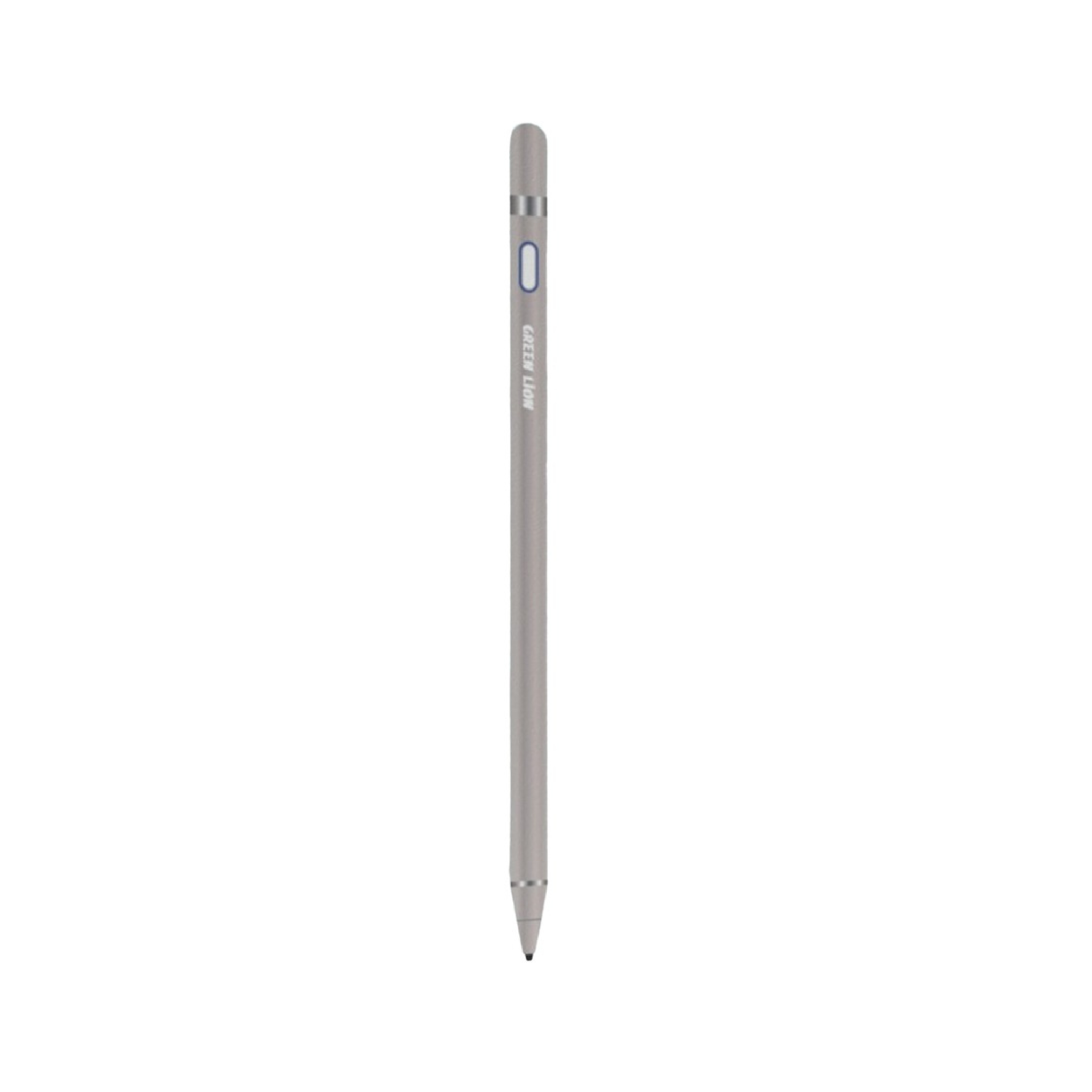 A gray digital stylus pen with a cap and a pointed tip, branded with 'Green Lion'.
