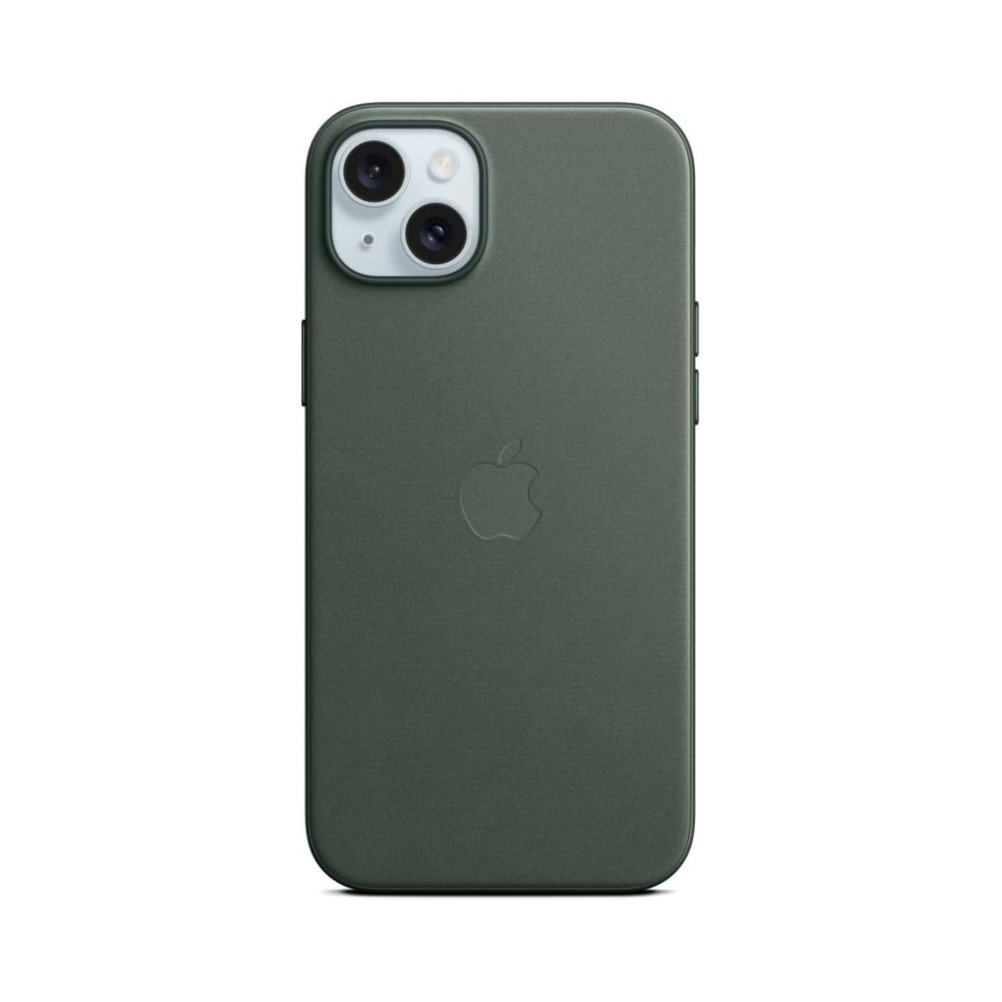 Evergreen green Apple iPhone 15 Plus FineWoven case with MagSafe compatibility.