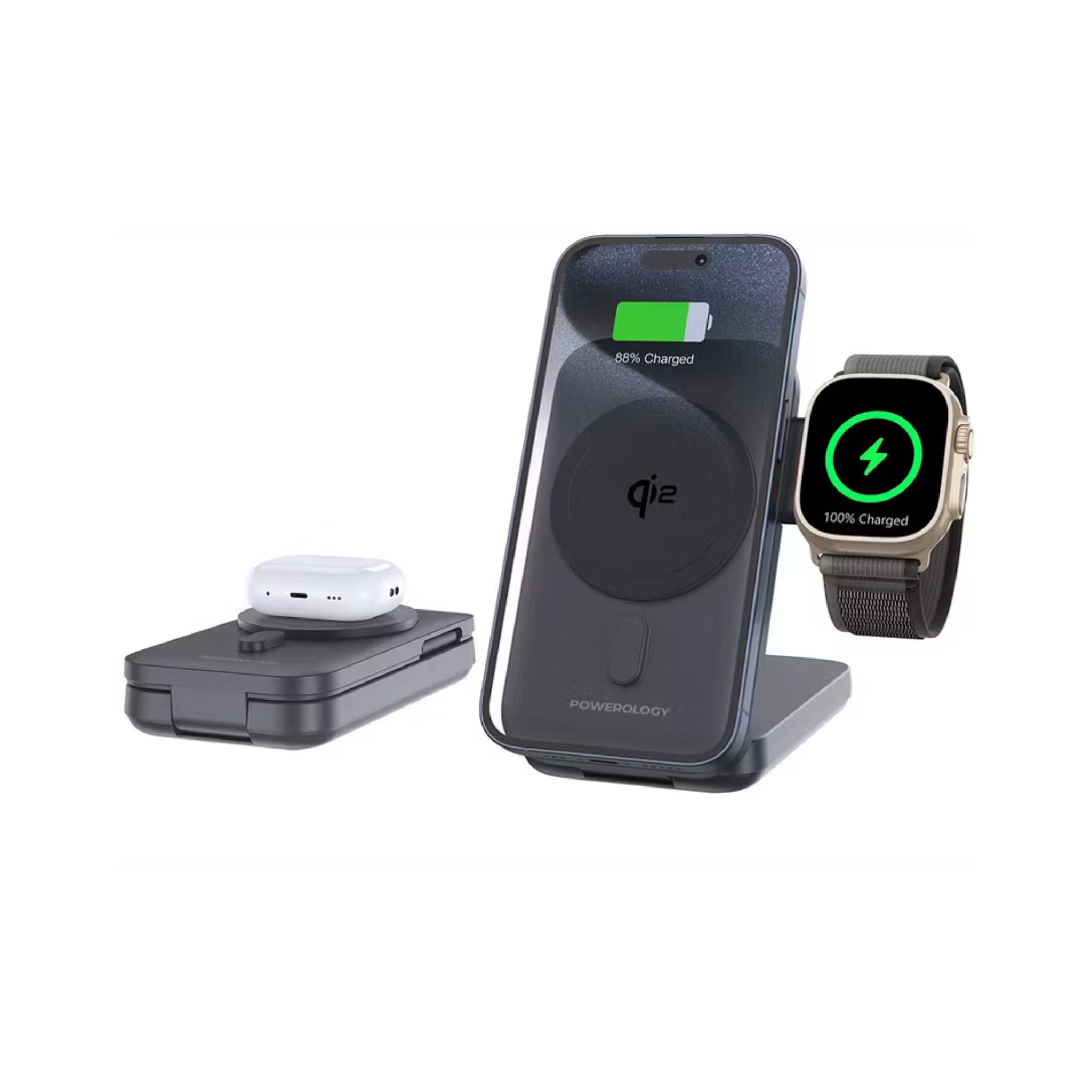 Wireless charging station with phone, watch, and earbuds on a white background