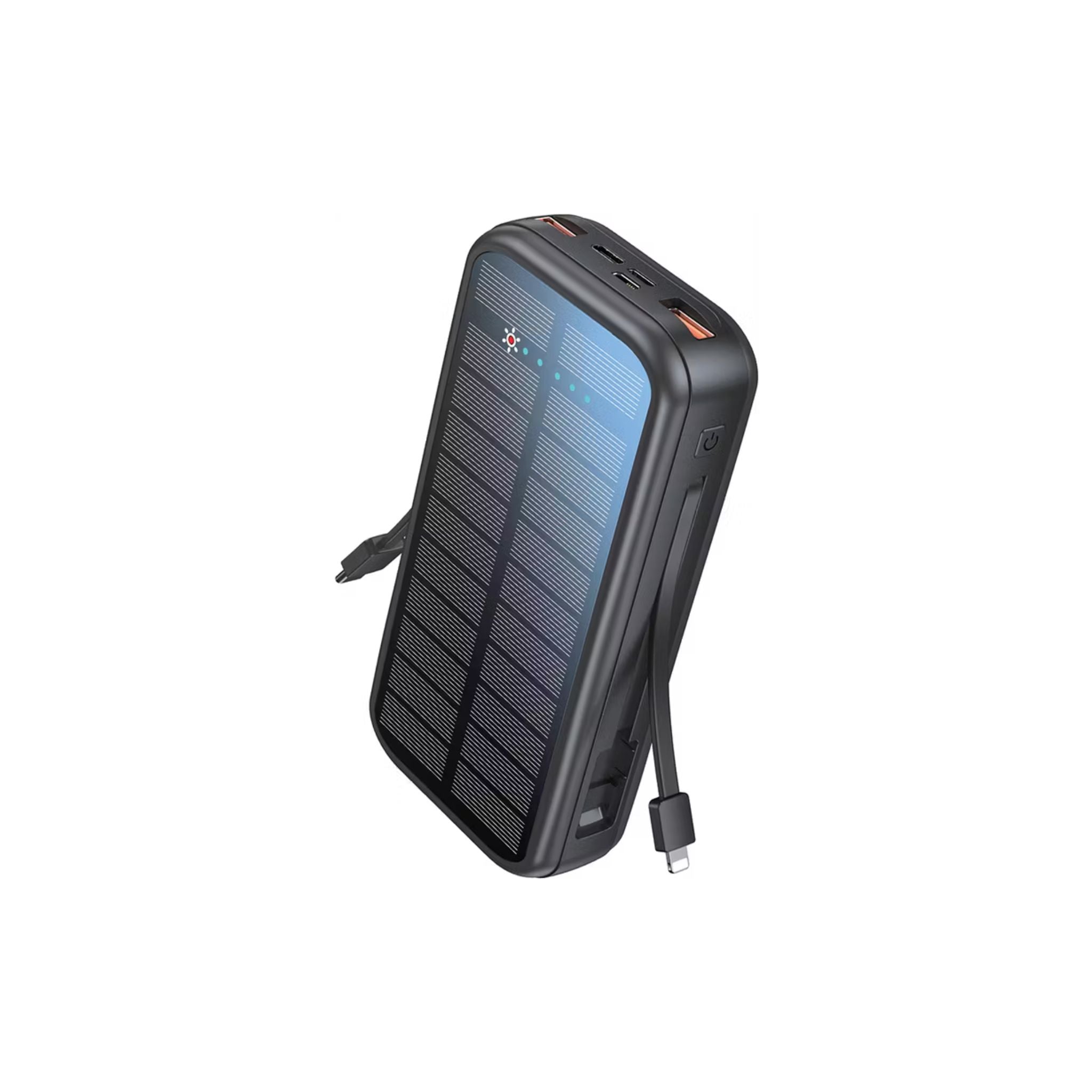 Black solar power bank with charging cable on a white background