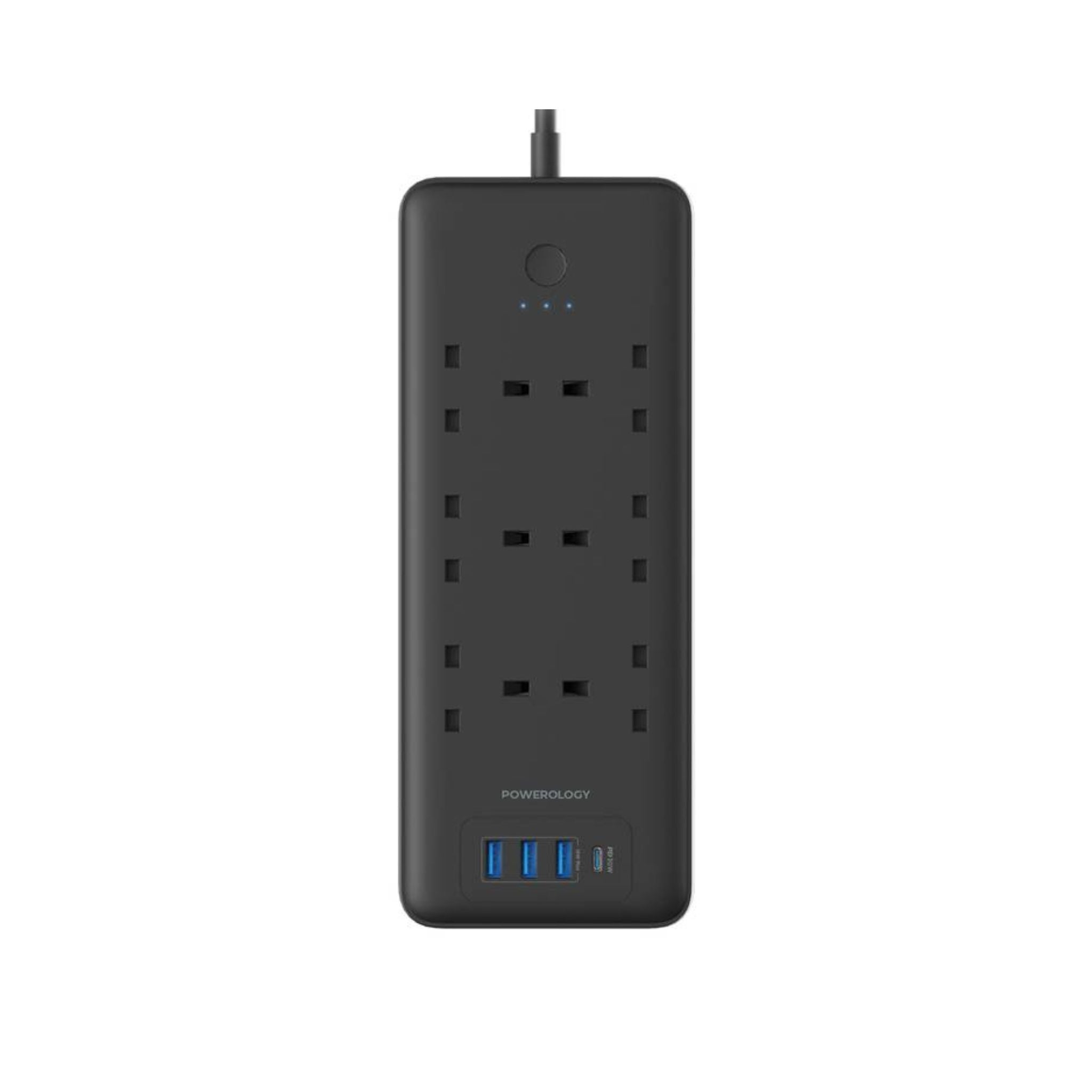 A black Powerology 6 AC Multi-Port Power Strip with a surge protection indicator, multiple AC outlets, and USB charging ports.