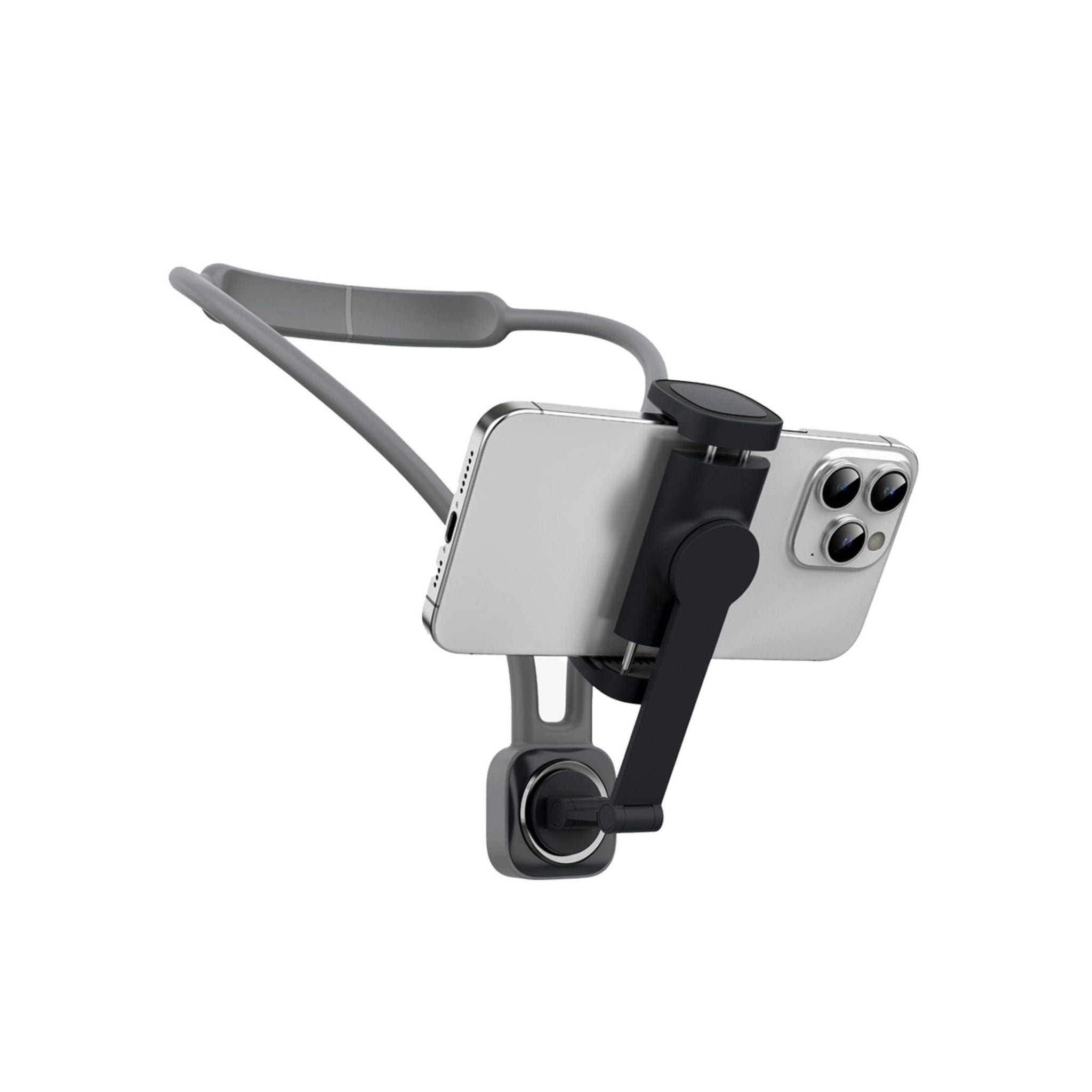 A black Porodo smartphone neck strap mount with a U-shaped design and a magnetic lock latch, displayed in a separated view from a smartphone.