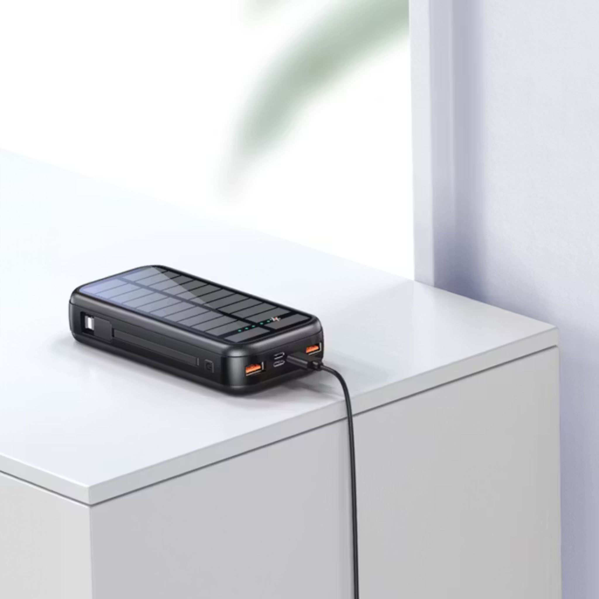 Green Lion PD2OW Solar 2 20000mAh Power Bank, Built-in Type-C & Lightning Cables, Short Circuit and Overvoltage Protection - Black