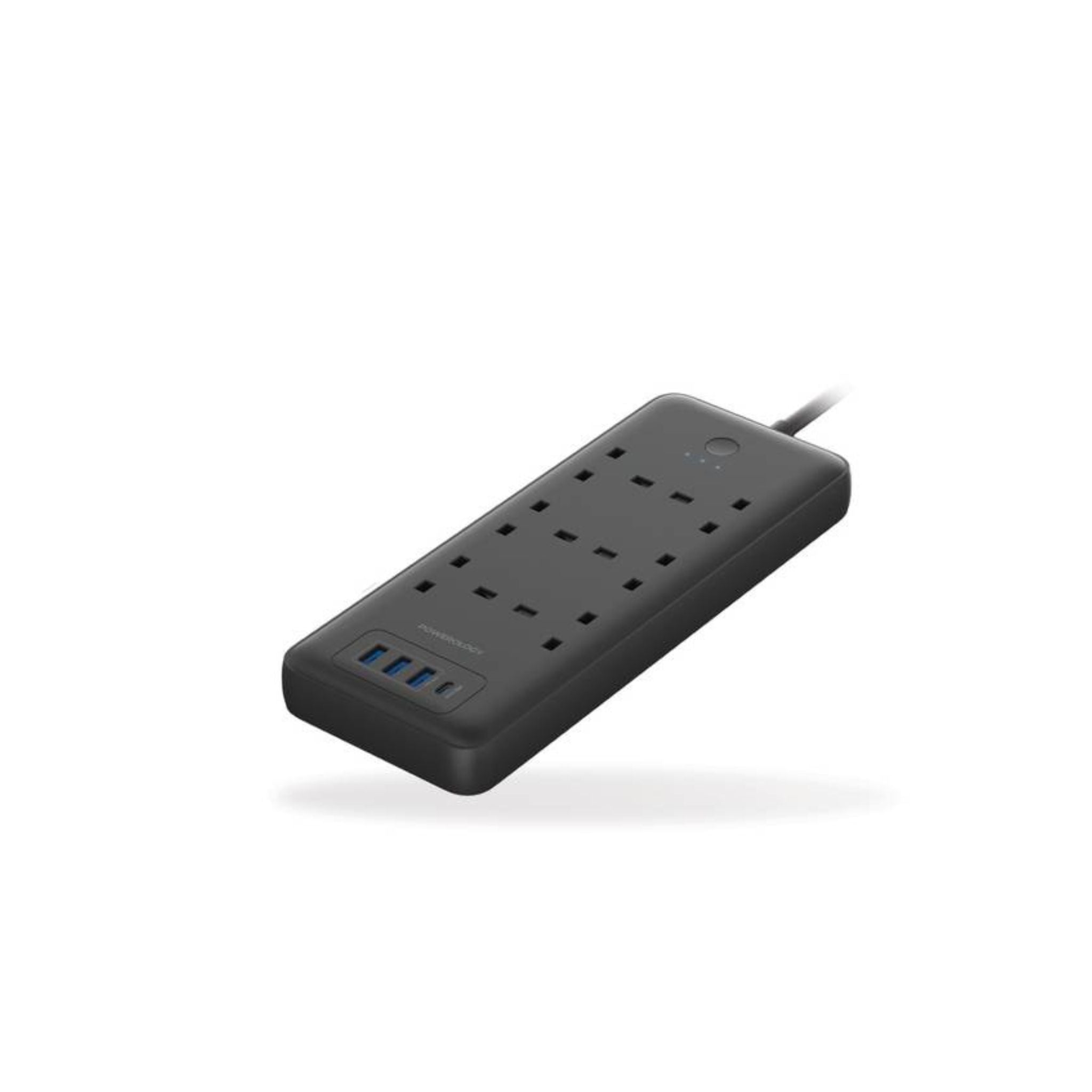 Powerology 6 AC Multi-Port Power Strip 48W with Surge Protection, Fireproof Material, 3250W AC Output, 3m Cable Length, 30W Power Delivery, QC 18W - Black