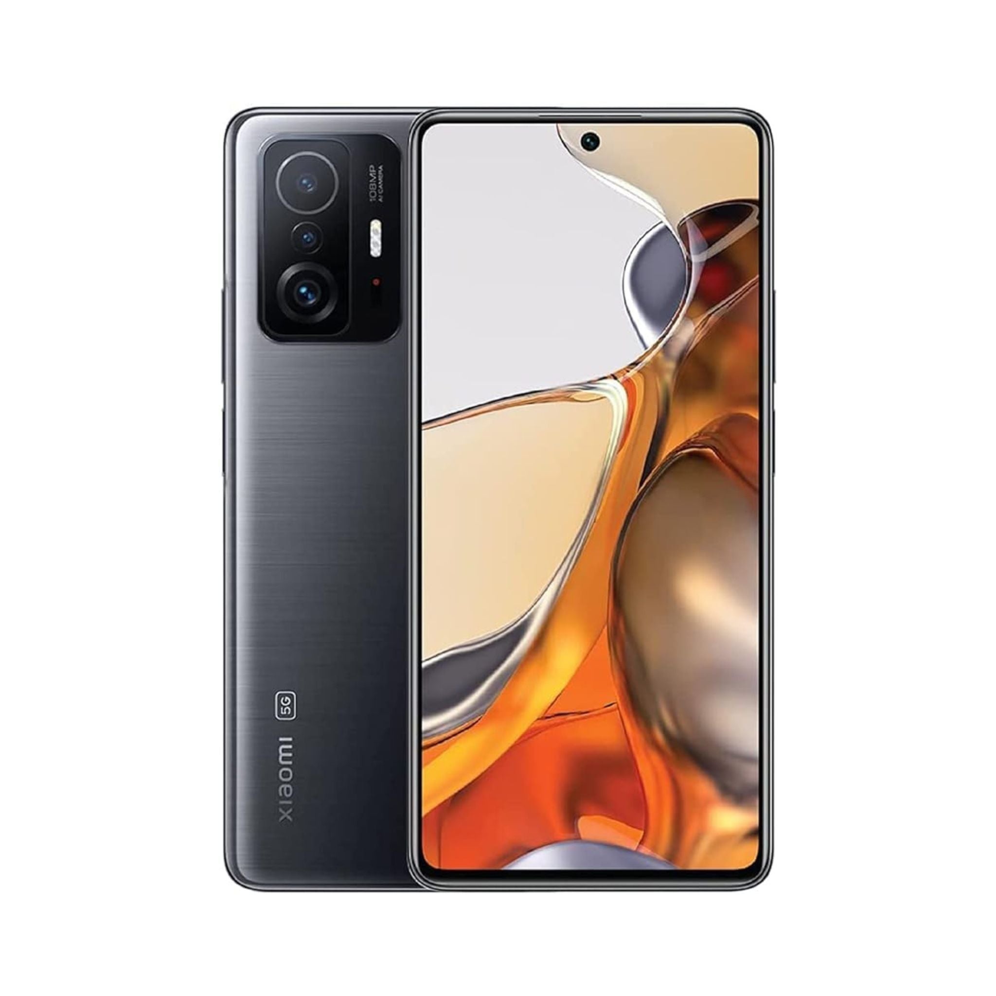 Xiaomi 11T Pro smartphone in Meteorite Gray color, displaying its front screen and rear camera setup.