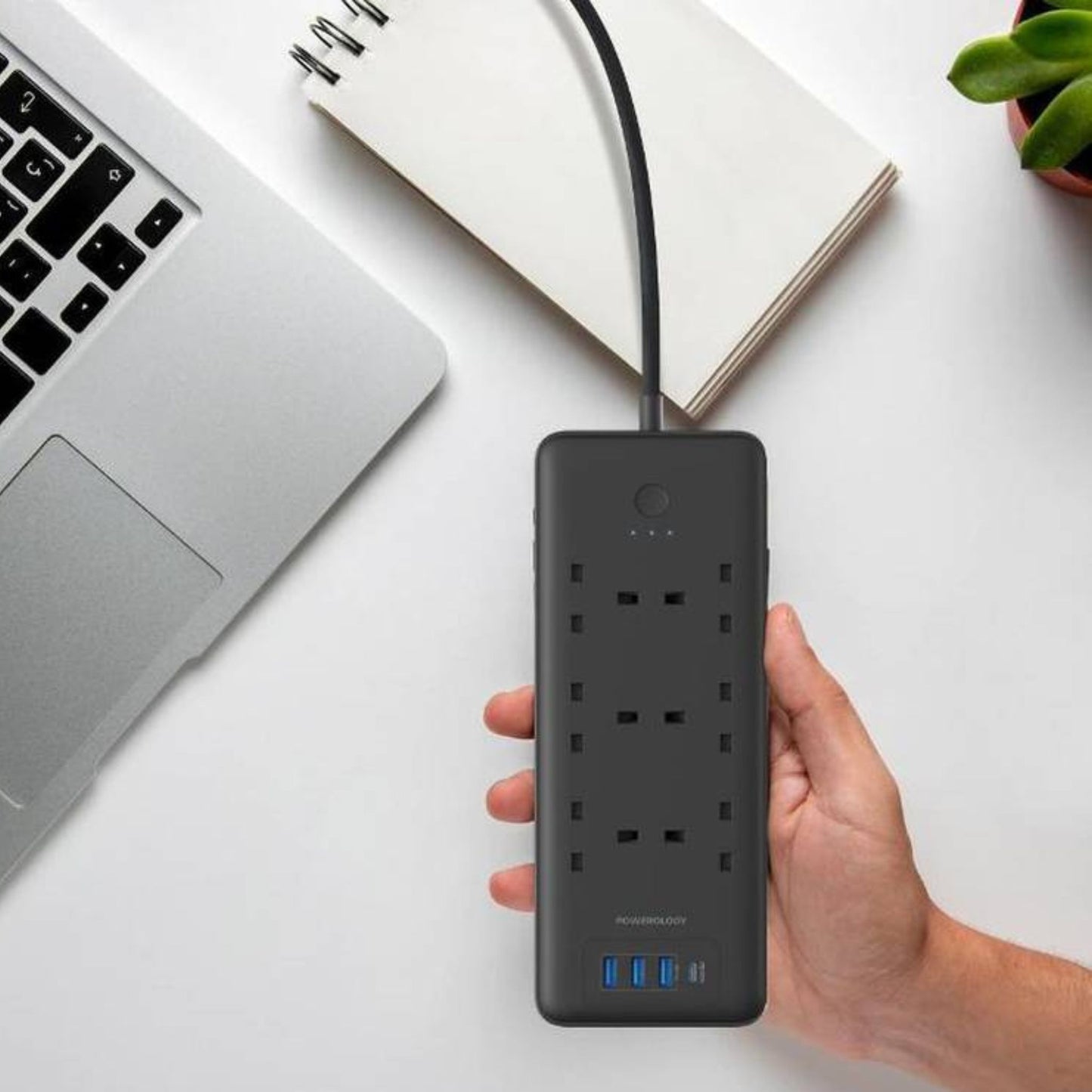 Powerology 6 AC Multi-Port Power Strip 48W with Surge Protection, Fireproof Material, 3250W AC Output, 3m Cable Length, 30W Power Delivery, QC 18W - Black