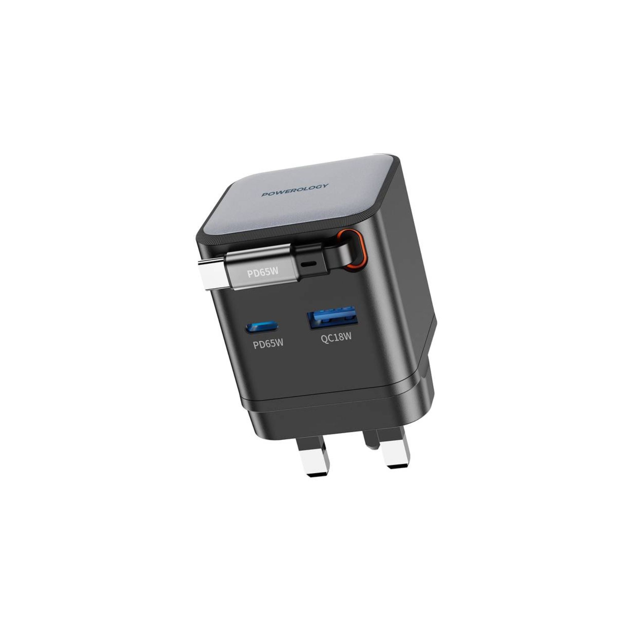A black Powerology Dual Port Retractable GaN Charger with a retractable Type-C cable and a UK 3-pin socket.