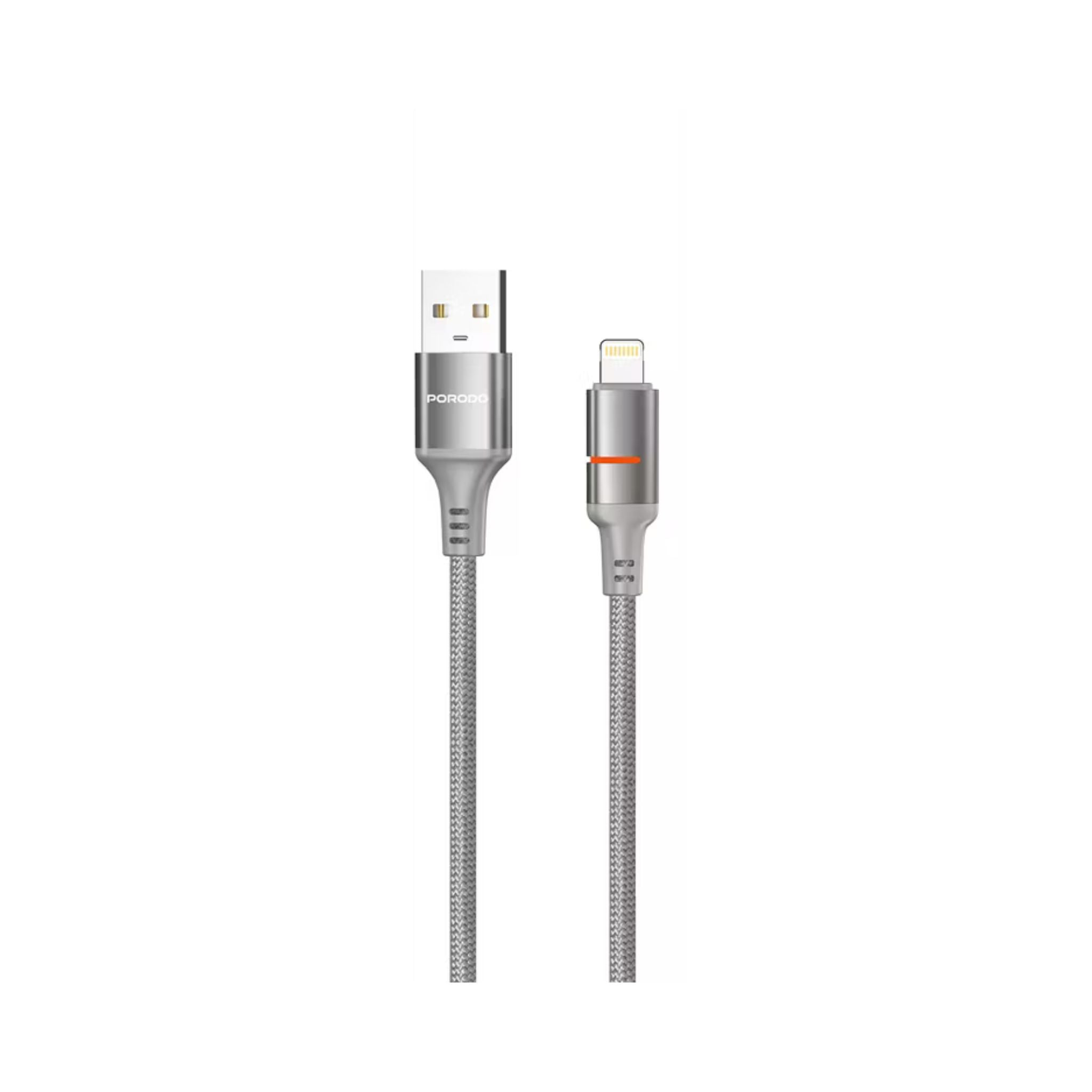 Porodo USB-A to Lightning LED Light Cable with 2.4A Current, 480Mbps Transfer Speed, 1.2m Cable Length, Fast Charging & Data Transfer, Braided Wire - Gray