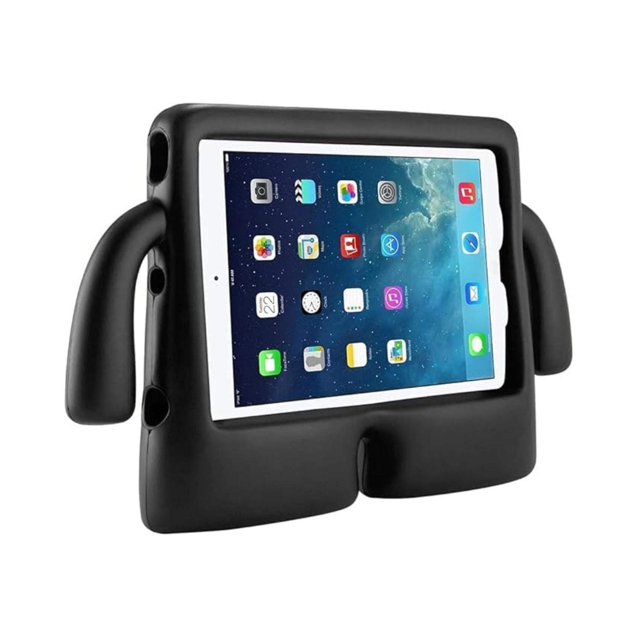 Black tablet holder with a tablet displaying app icons on a white background