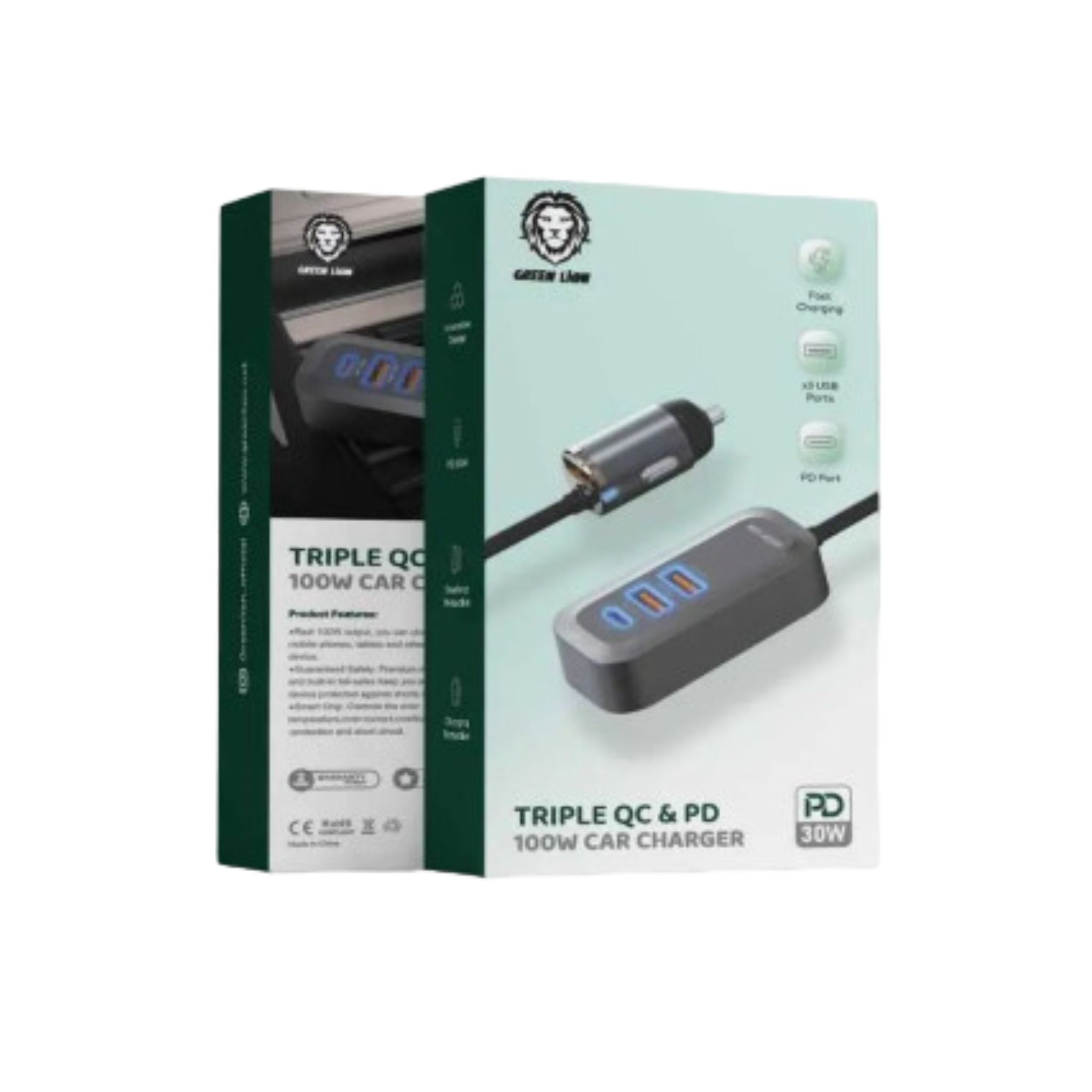 Green Lion Triple QC & PD Car Charger with 100W Total Output, USB-C & ×3 USB-A Ports, Fast Charging, Premium Materials, Charging Protection, Overheat Protection - Black