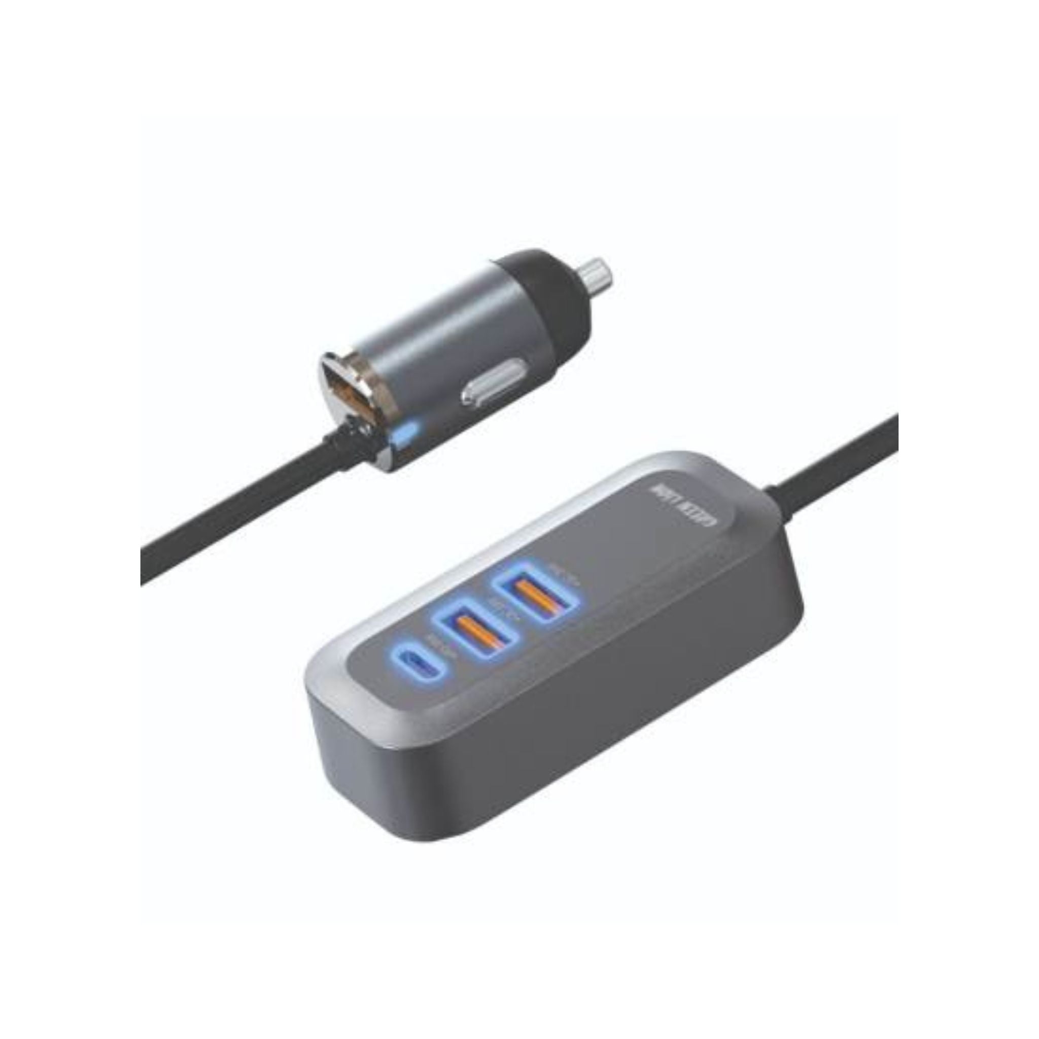 A Green Lion brand black car charger with a USB-C connector and multiple charging ports, including USB-A ports and a Type-C port, with a car cigarette lighter adapter.