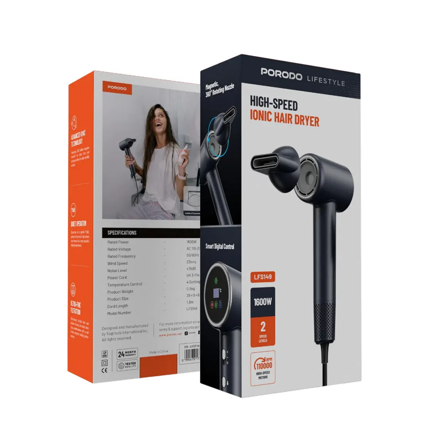 Porodo Lifestyle 1600W Digital Hair Dryer with Adjustable Mode & Speed - Black