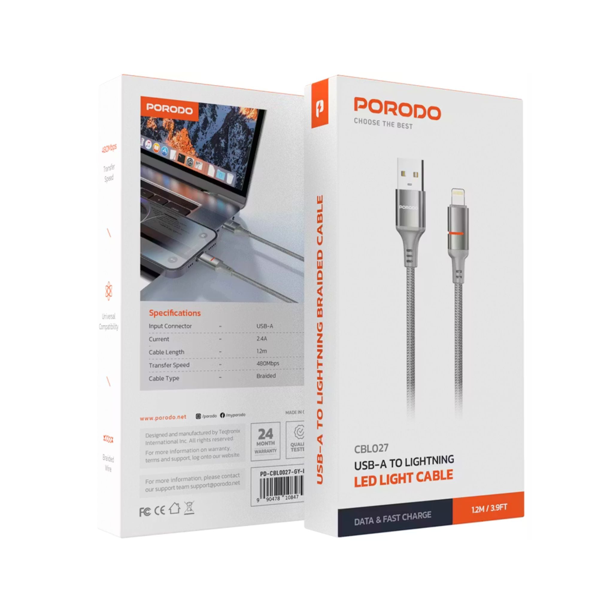 Porodo USB-A to Lightning LED Light Cable with 2.4A Current, 480Mbps Transfer Speed, 1.2m Cable Length, Fast Charging & Data Transfer, Braided Wire - Gray
