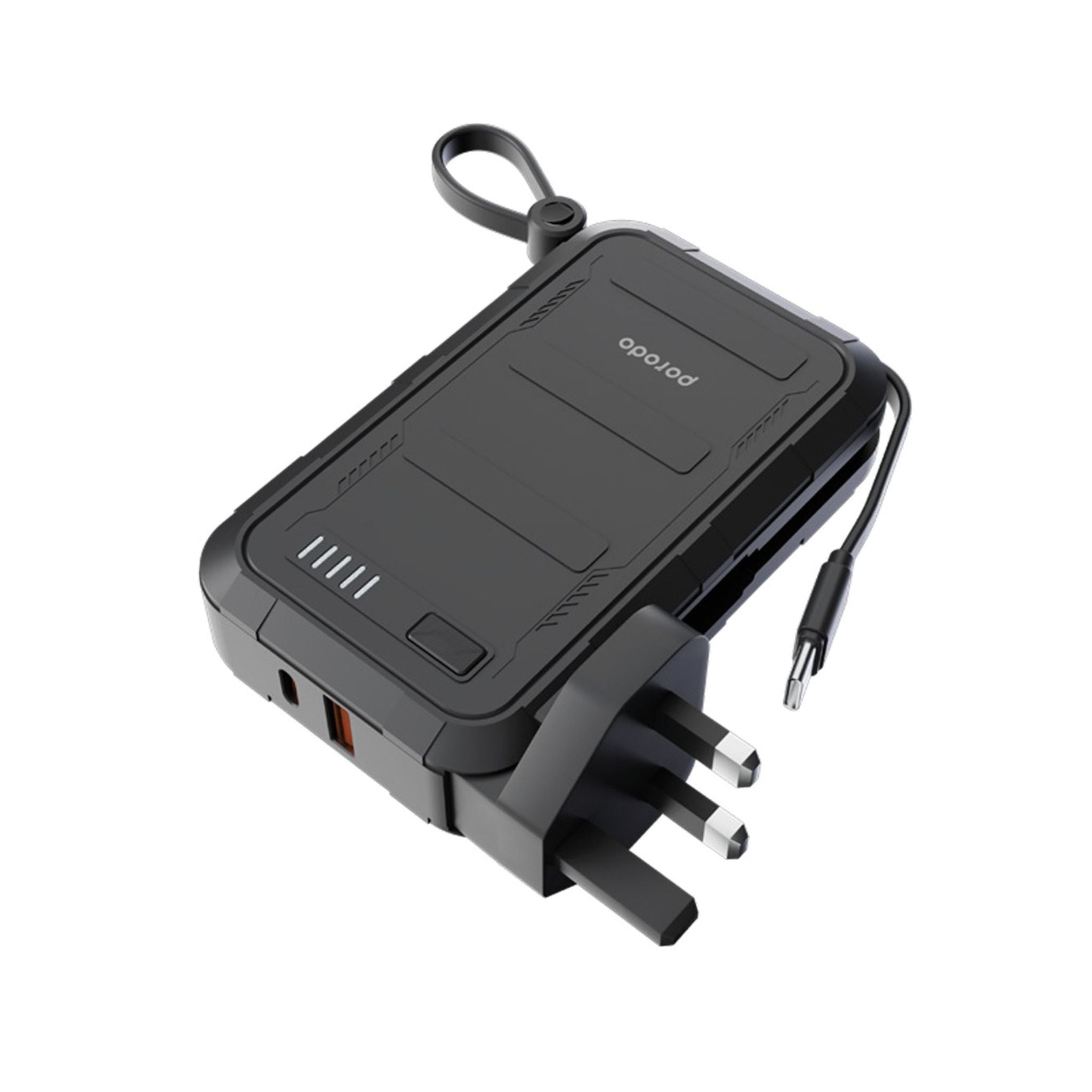 A black Porodo 10000mAh wall charger power bank with built-in USB-C and Lightning cables, displaying various output options.