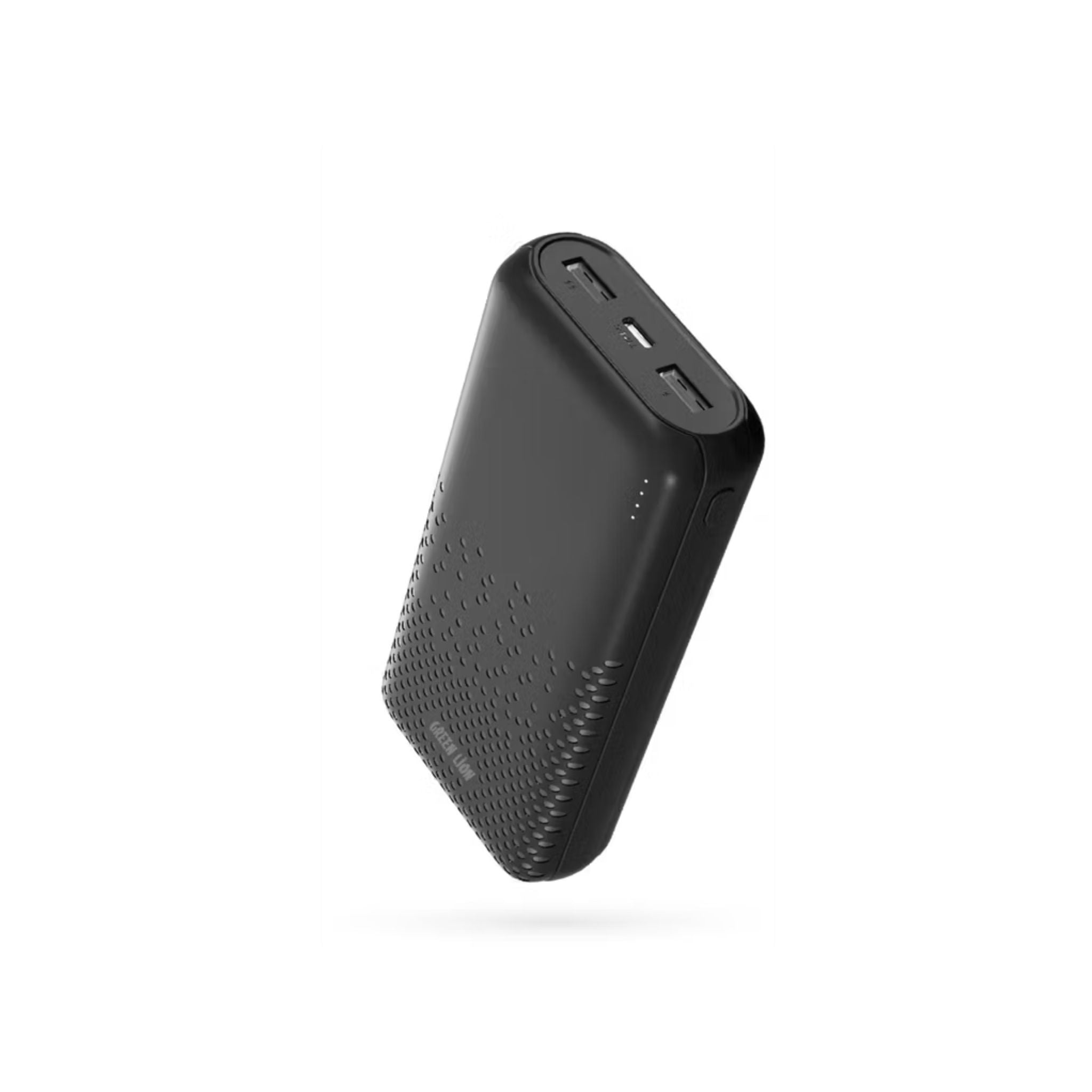 Black power bank with textured surface on a white background