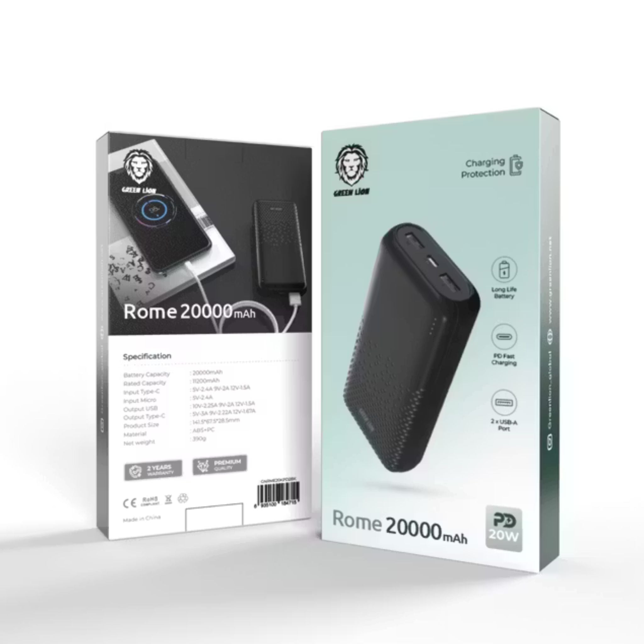 Green Lion Rome 20000mAh Power Bank, Compact & Lightweight Design, 20W Power Delivery, Fast Charge, 2 × USB-A & Type-C Output, Type-C & Micro Input - Black