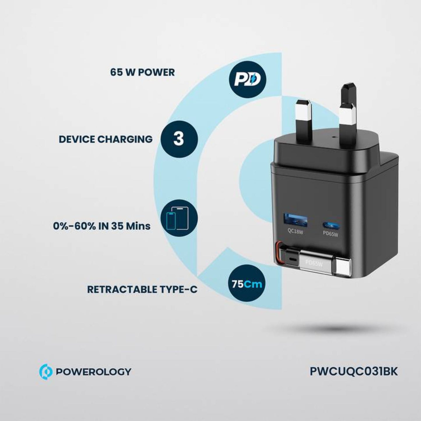 Powerology Dual Port Retractable GaN Charger, Built-in Safeguards, 3-Device Charging, 65W Power Delivery, Fire Proof Material, Patented Design, 75cm Retractable Type-C Cable - Black