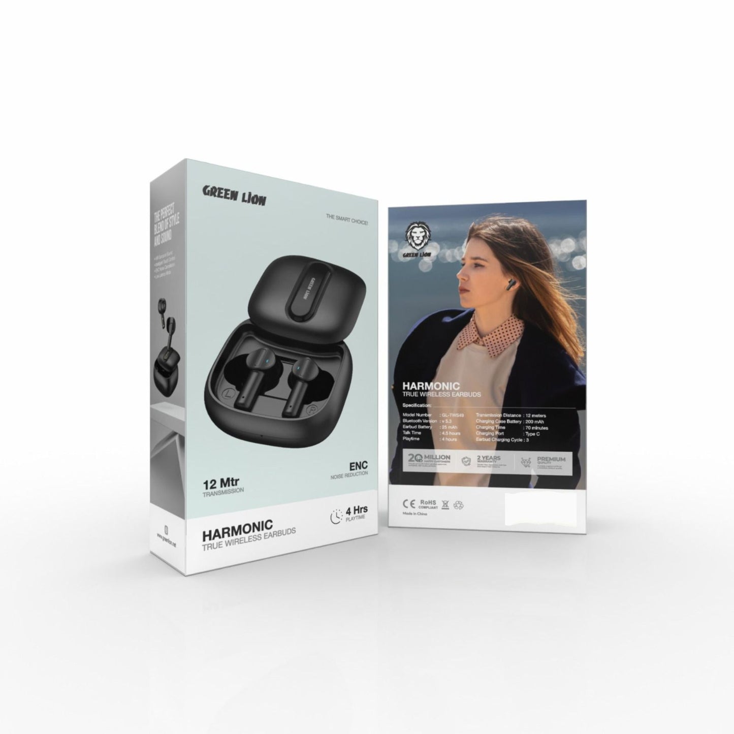 Green Lion Harmonic True Wireless Earbuds|12 Mtr Transmission & ENC Noise Reduction | 4 Hours Playtime with Type C Charging Port- Black