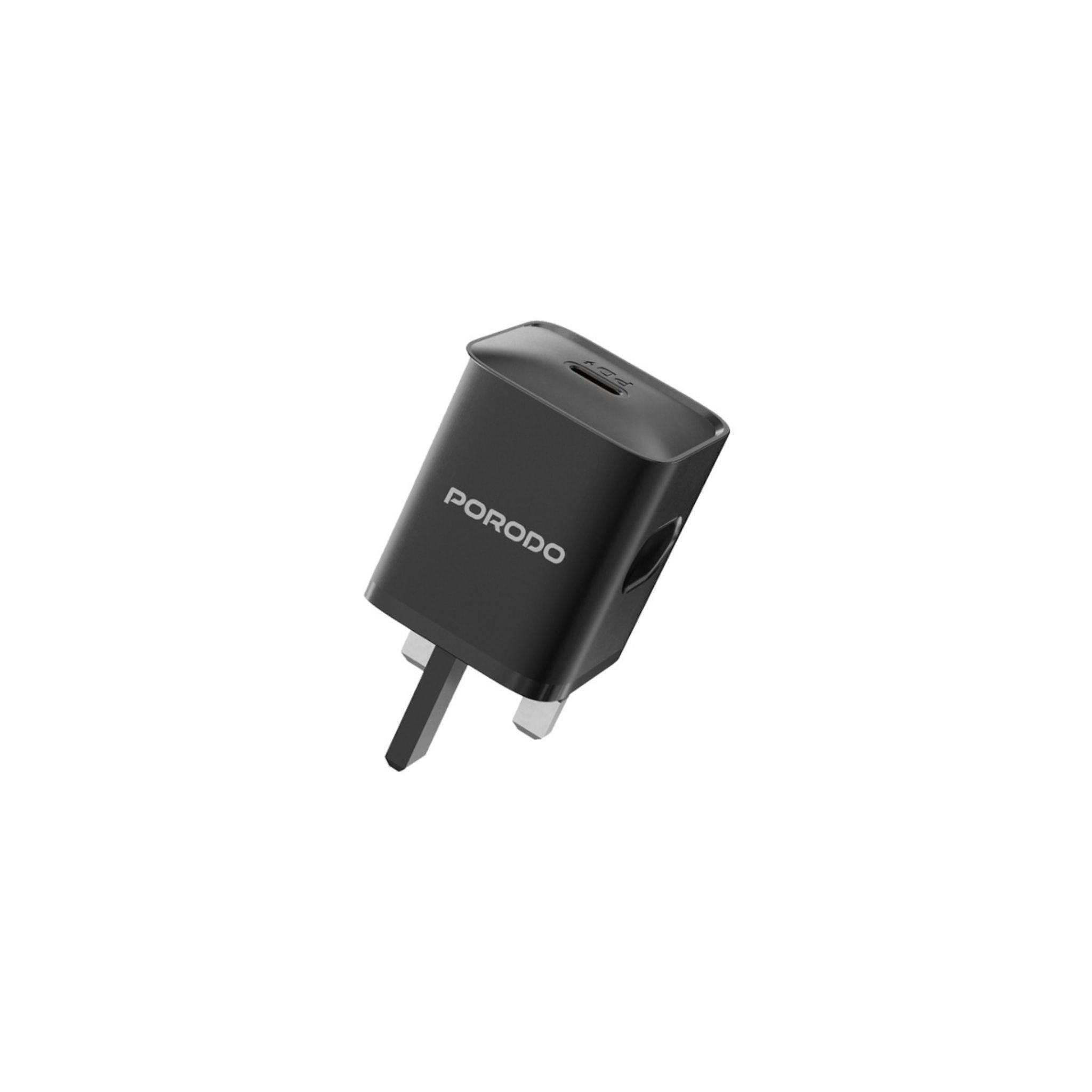 A black Porodo PD20W USB-C wall charger with a Lightning cable attached.