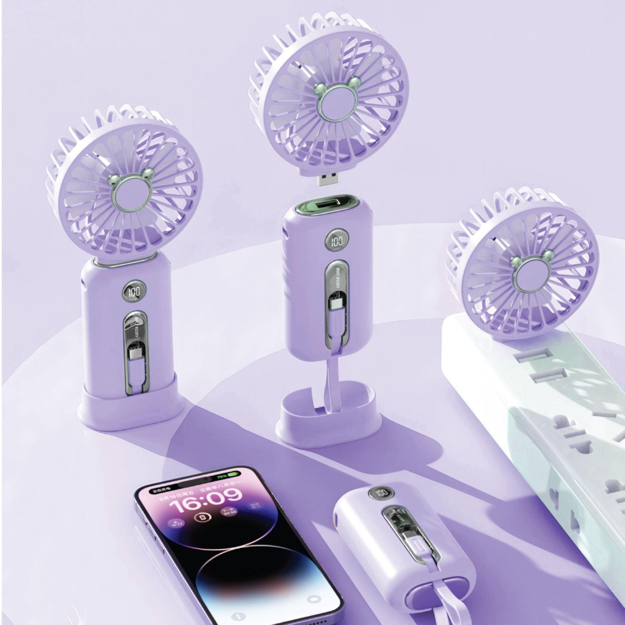 Green Lion WindMate Portable Fan & Power Bank with Built-in Type-C & Lightning Cables, 10W Lightning Output, 10000mAh Battery Capacity, 3 Speed Levels, 18W Type-C Output - Purple