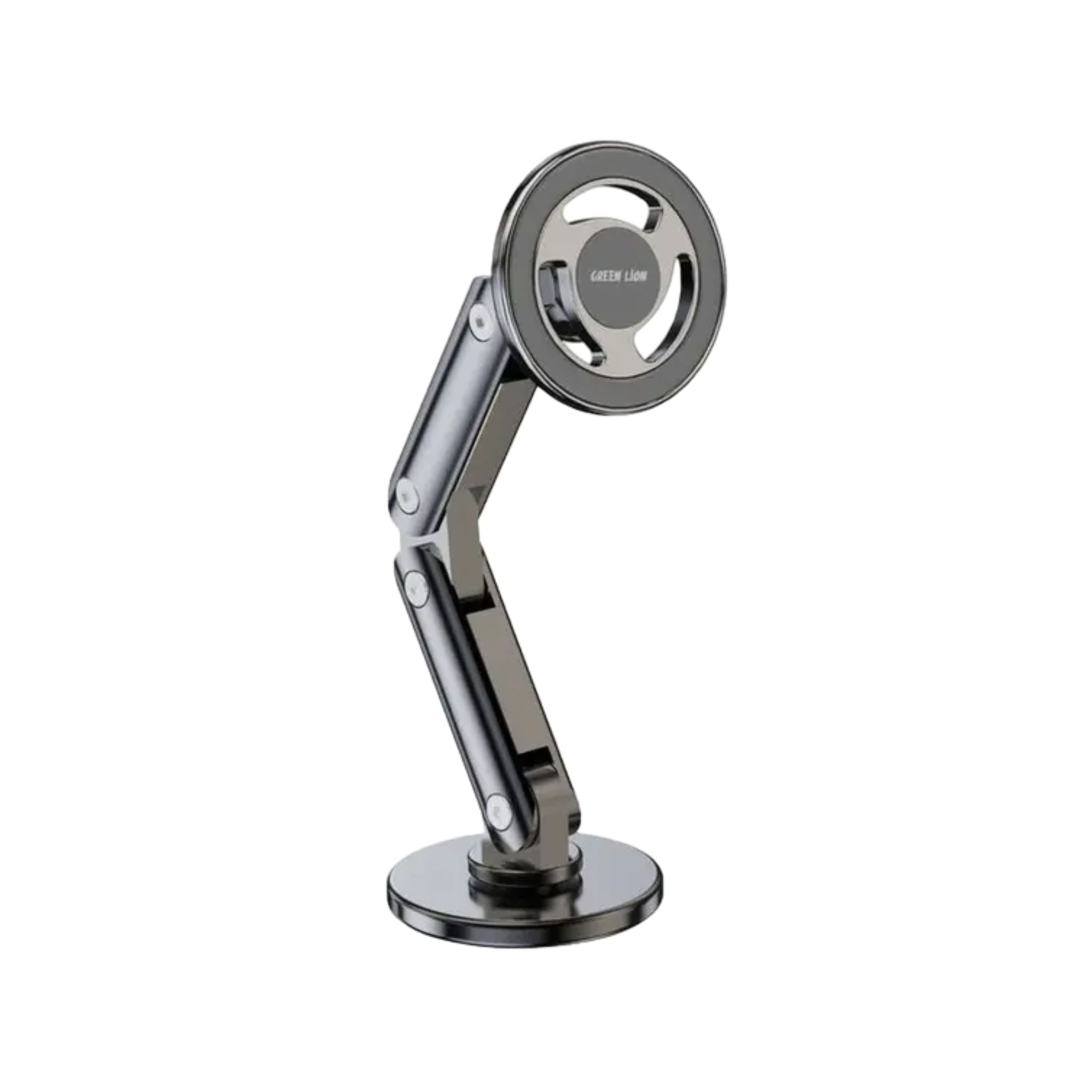 A foldable magnetic car mount in black color with a strong magnet and flexible design for holding smartphones securely.