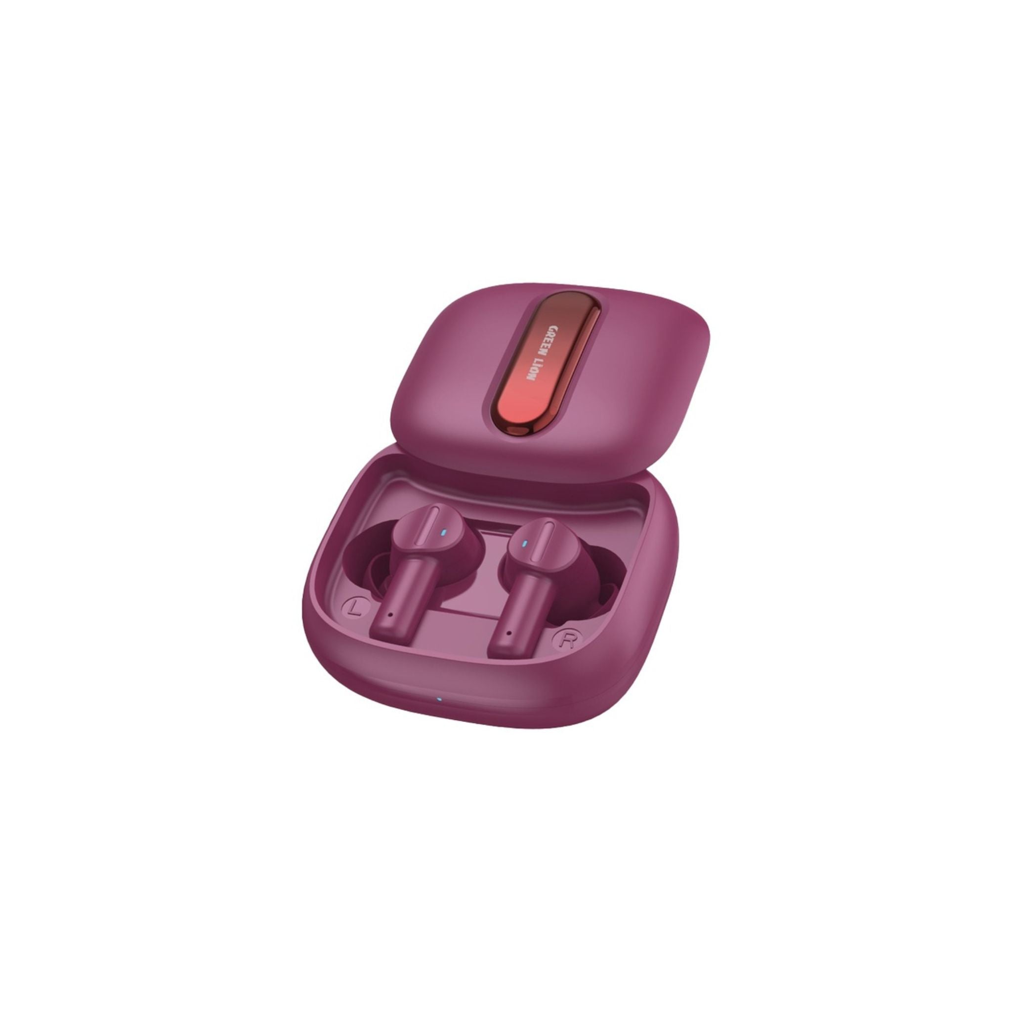 A pair of burgundy true wireless earbuds with a charging case, featuring a USB Type-C port for charging.