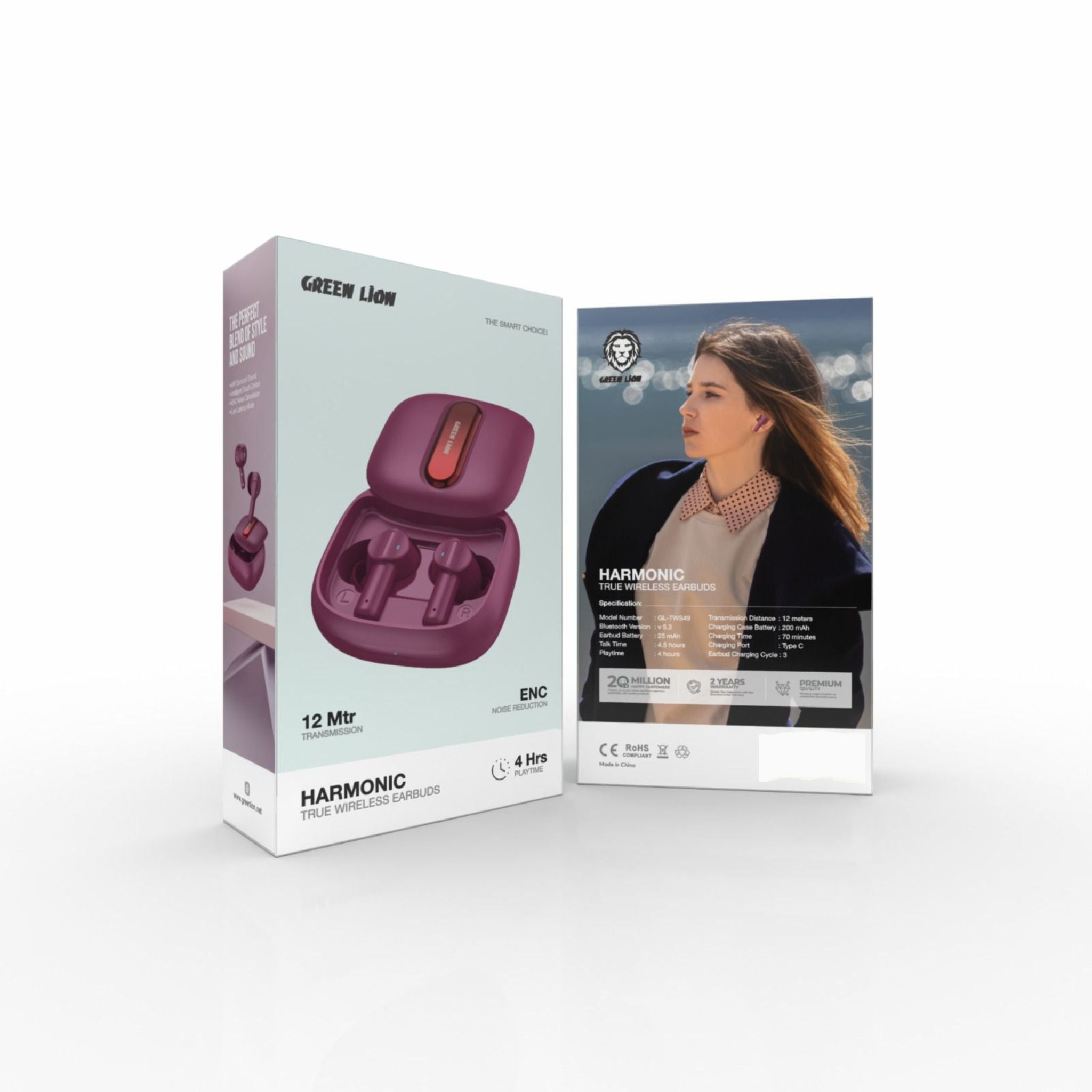 Green Lion Harmonic True Wireless Earbuds with IPX4 Water Resistance, Bluetooth Version 5.3, Multi-Function Touch, 4.5 Hours Talking Time, 4 Hours Playtime, ENC Noise Reduction - Burgundy