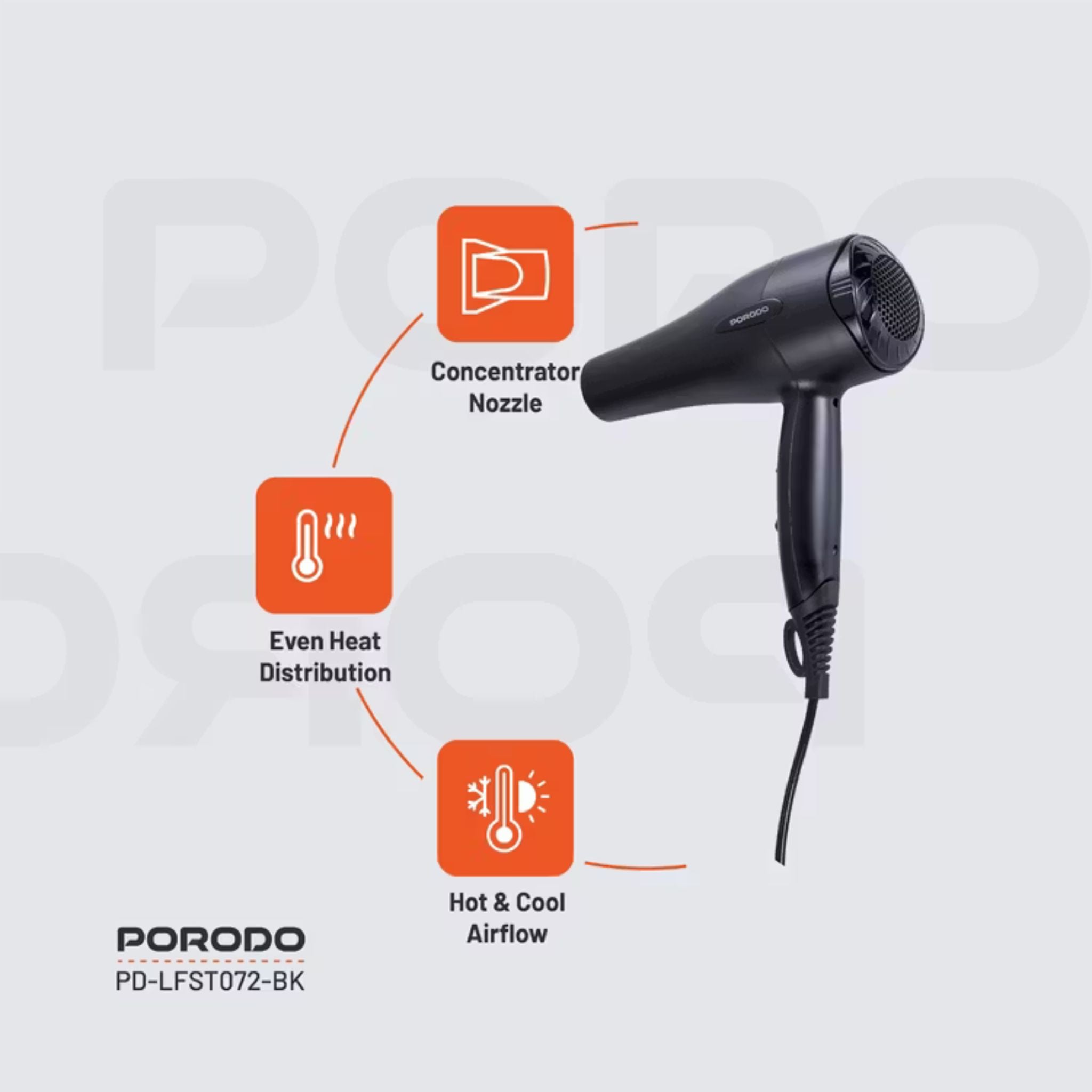 Porodo Lifestyle 1200W Hair Dryer with 1.8m Cable Length, Concentrator Nozzle, Rocker Switch, Overheat Protection, Powerful Airflow, UK 3-Pin Plug - Black