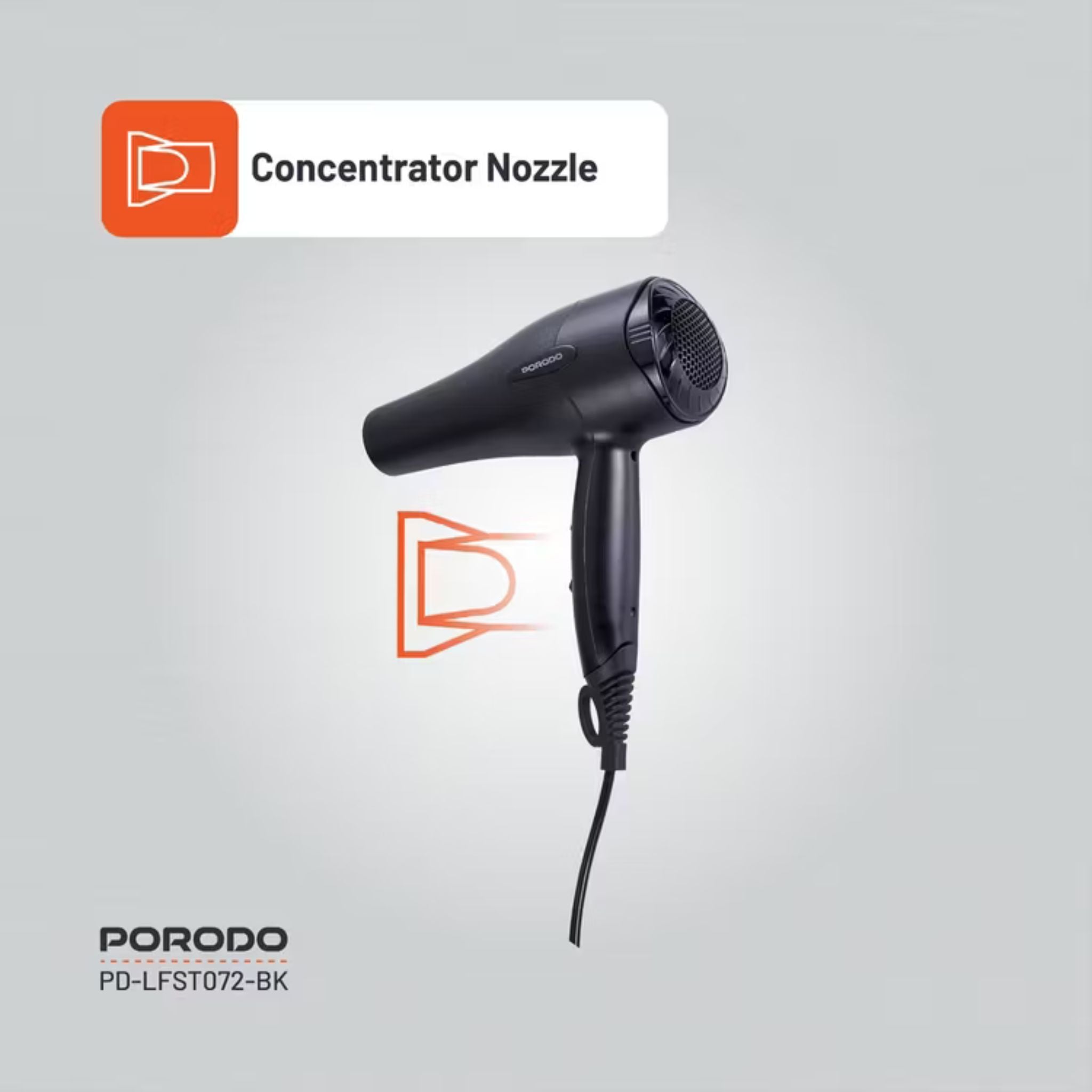 Porodo Lifestyle 1200W Hair Dryer with 1.8m Cable Length, Concentrator Nozzle, Rocker Switch, Overheat Protection, Powerful Airflow, UK 3-Pin Plug - Black