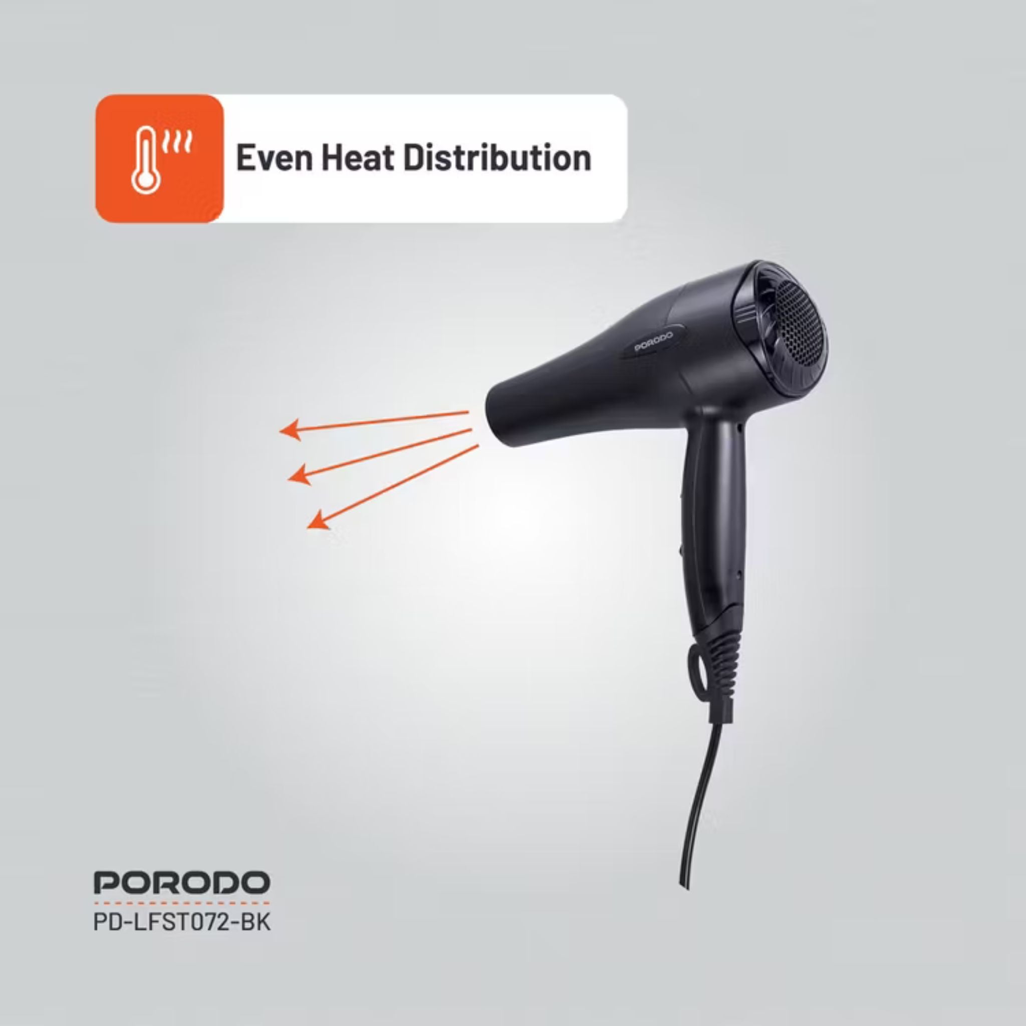 Porodo Lifestyle 1200W Hair Dryer with 1.8m Cable Length, Concentrator Nozzle, Rocker Switch, Overheat Protection, Powerful Airflow, UK 3-Pin Plug - Black