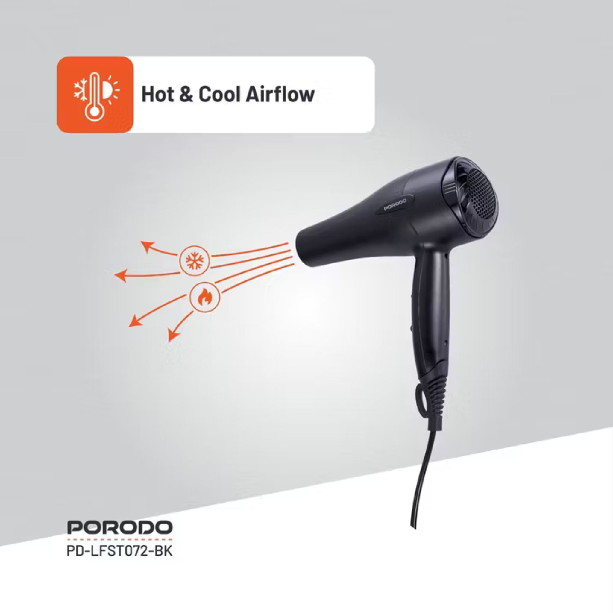 Porodo Lifestyle 1200W Hair Dryer with 1.8m Cable Length, Concentrator Nozzle, Rocker Switch, Overheat Protection, Powerful Airflow, UK 3-Pin Plug - Black