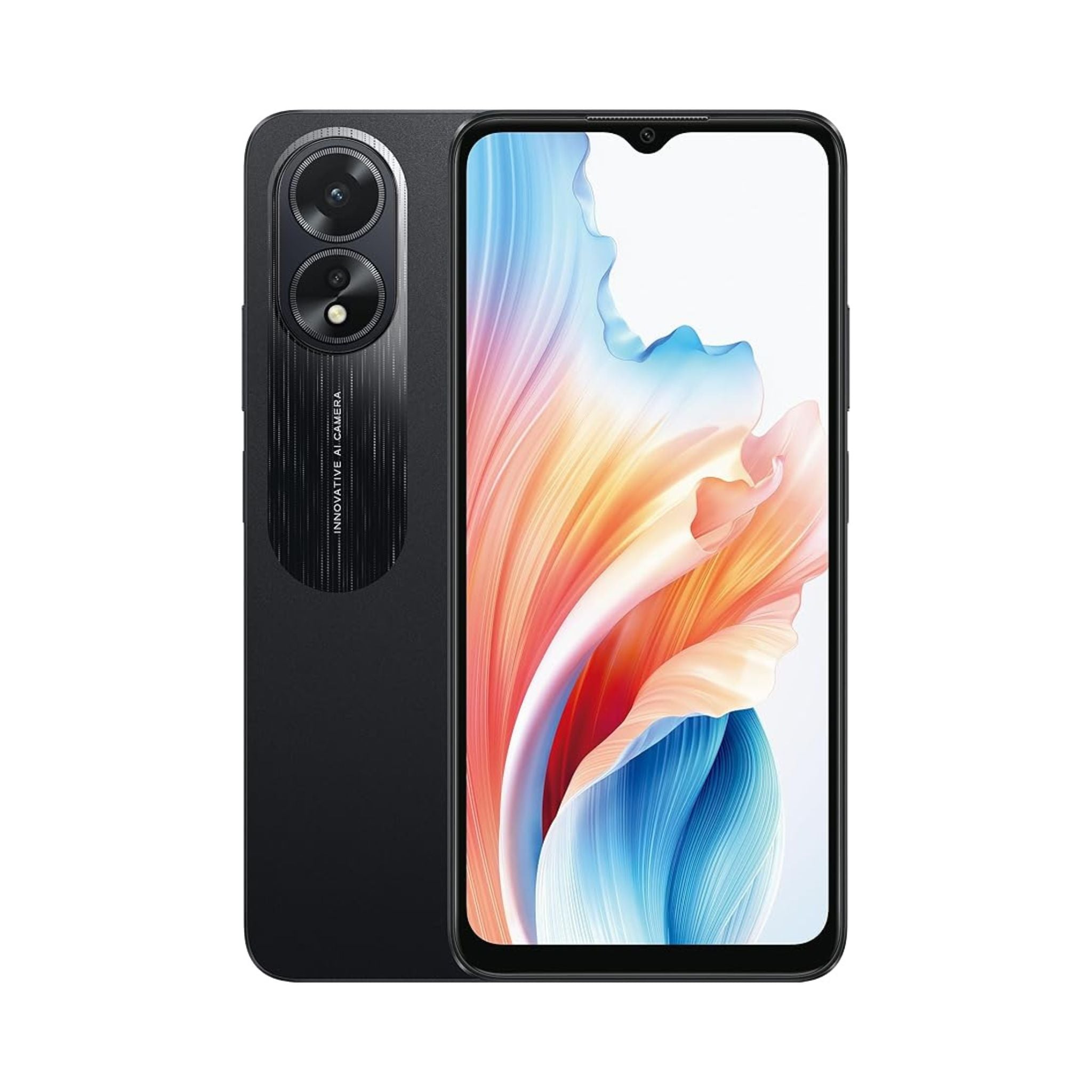 OPPO A38 smartphone in black color with a display showing a colorful wallpaper, front camera and rear camera visible.